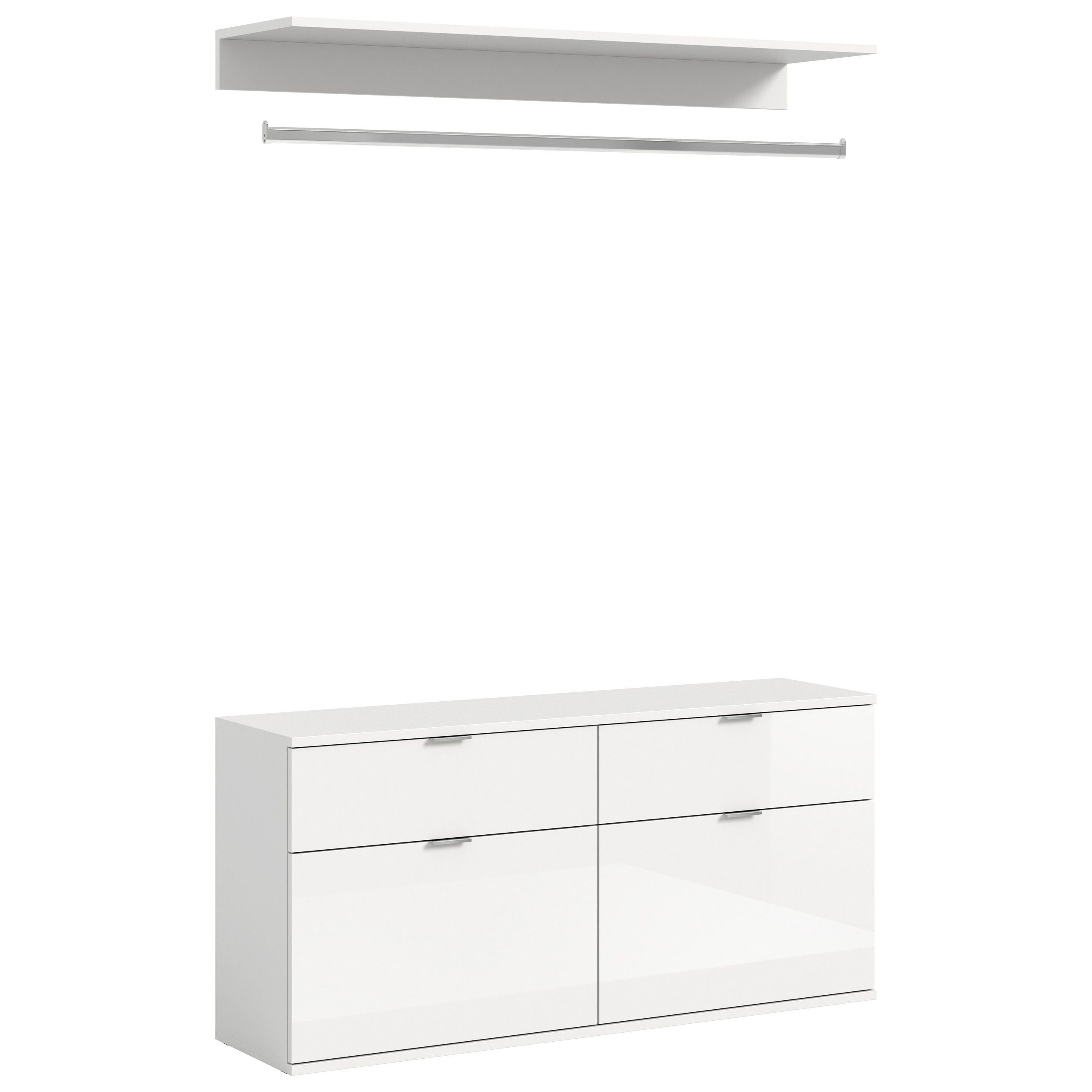 Newroom Garderobe Weiß Hochglanz 121 cm, Garderobe Weiß Hochglanz Modern Garderobenset Sitzbank Flur