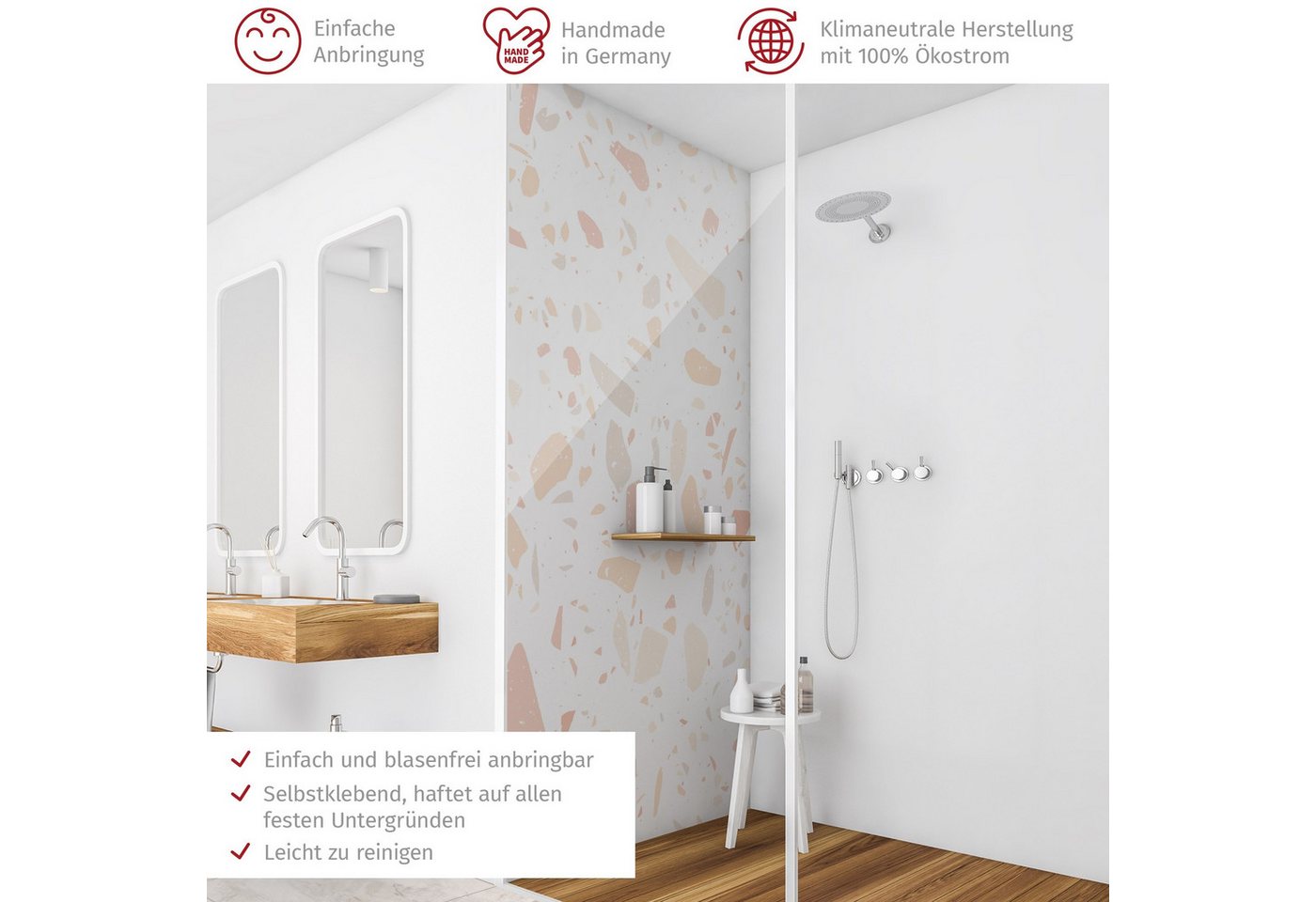 Thumbnail - Bilderdepot24 Badrückwand Terrazzo pastell Duschrückwand ohne Bohren Steinoptik, (1-tlg., Hart-Folie Premium matt 0,61 m...