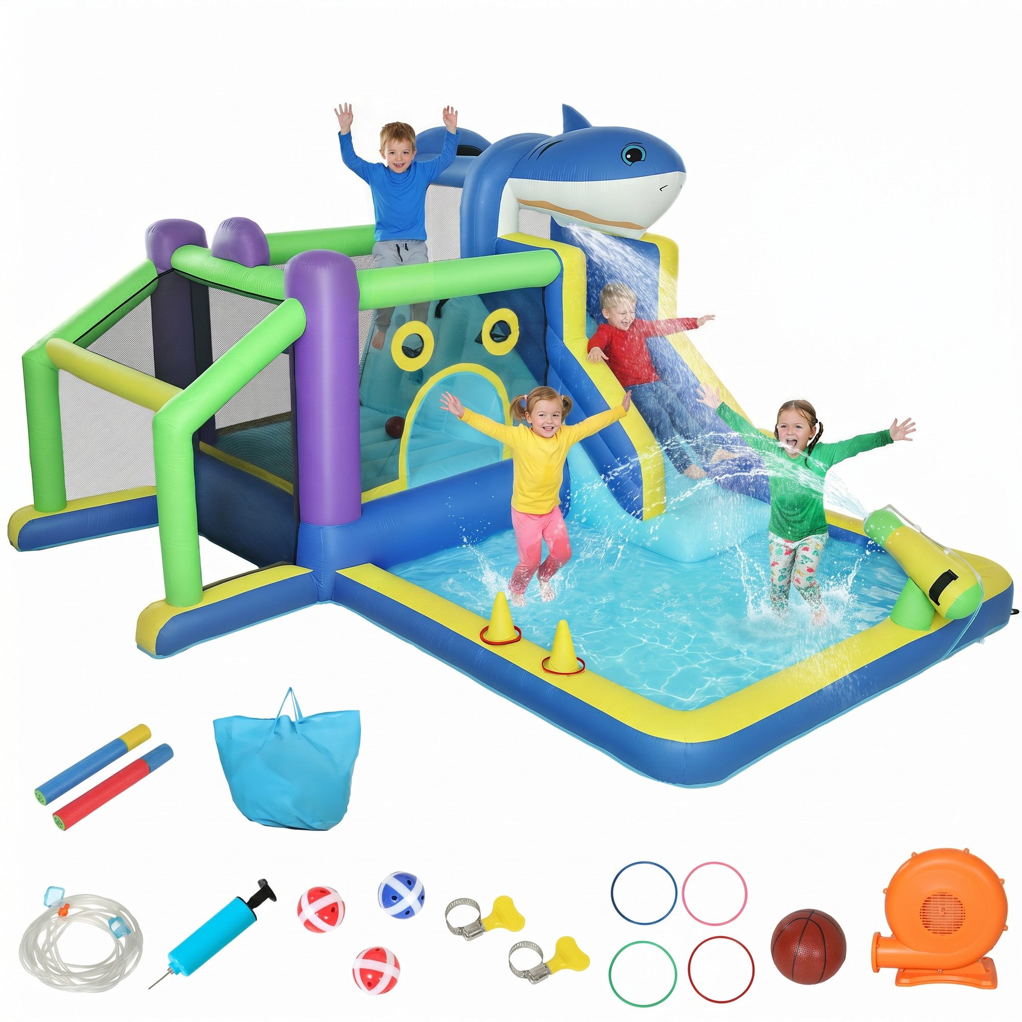 AIYAPLAY Hüpfburg Wasserpark mit Rutsche Planschbecken Trampolin Kletterwand, (Springburg mit Hai-Design, 1-tlg., 8-in-1 aufblasbare Wasserpark), für 3–8 Jahre für Indoor Outdoor 405x345x235cm Mehrfarbig