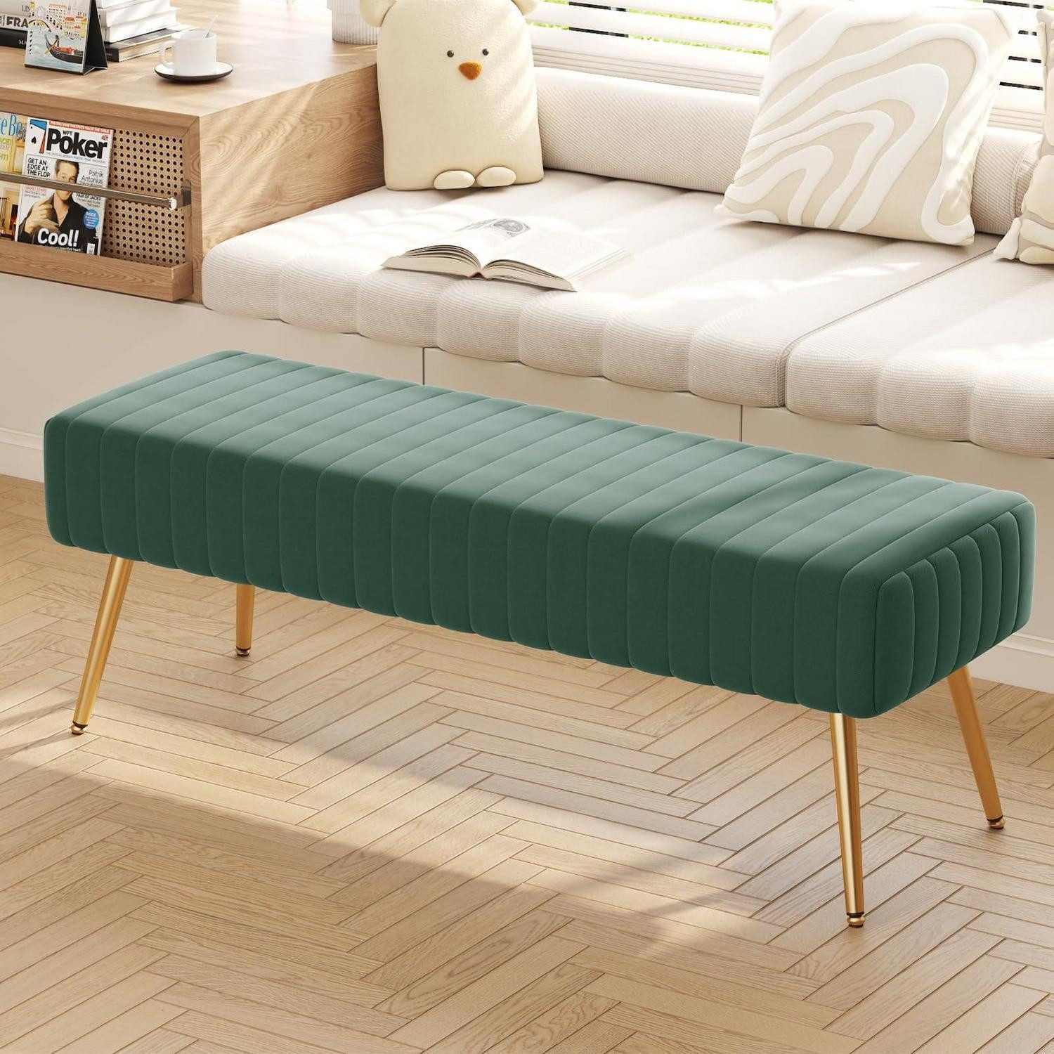 LuxusKollektion Bettbank Sitzbank 113.5cm Grün Kunstleder Holzbeine (1-St)