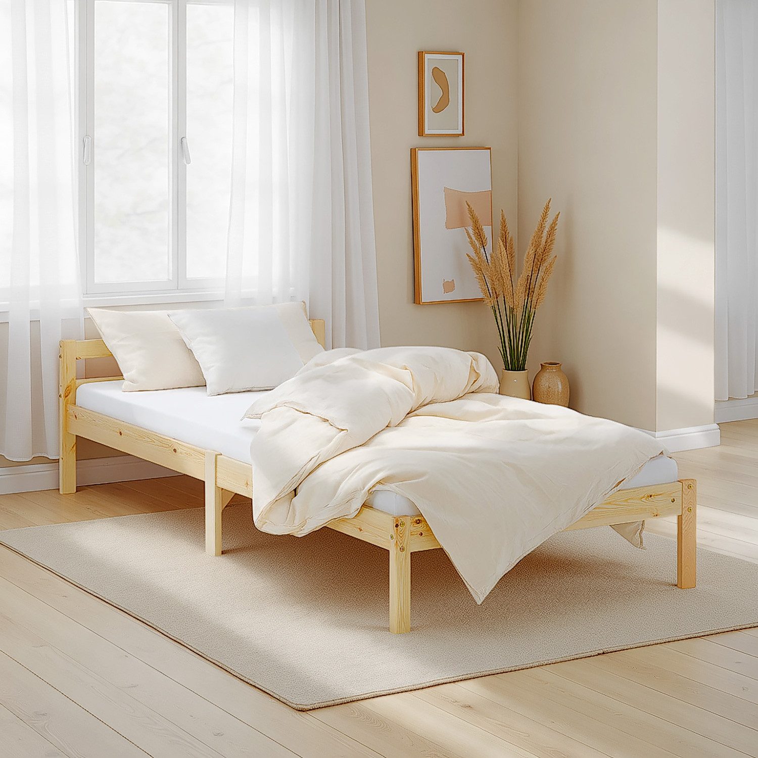 Homestyle4u Holzbett 90x200 140x200 mit Lattenrost niedrig Futonbett Natur Doppelbett (Set, mit Lattenrost), Naturbelassen, 90x200