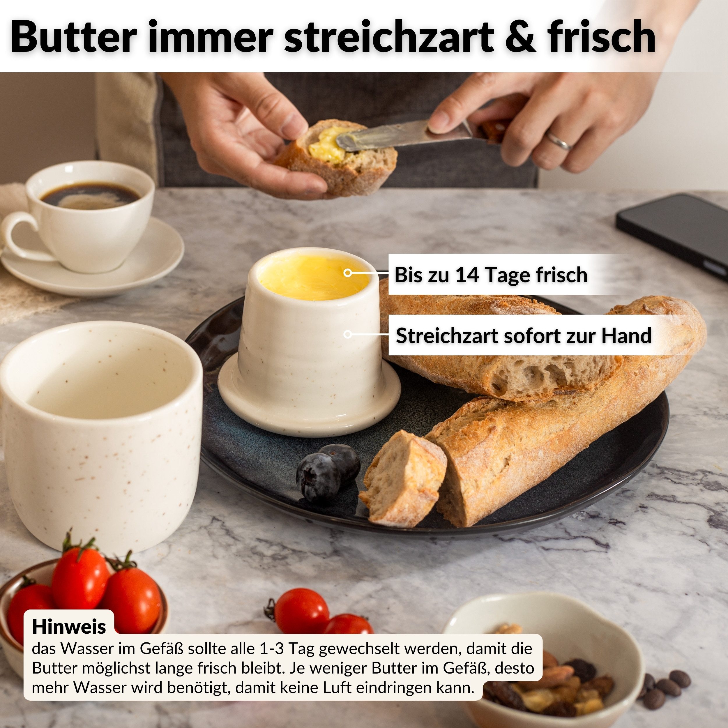 DEKAZIA Butterglocke aus hochwertiger Keramik, Butterdose ohne Kühlung,(Buttergeschirr Keramik Butterbehälter mit Wasser Butterglocke Keramik Butterdose für weiche Butter, Butterdose mit Wasserbad Französische Butterdose Buttertopf Keramik) Hochwertige Keramik, Minimalistisches Skandi Design