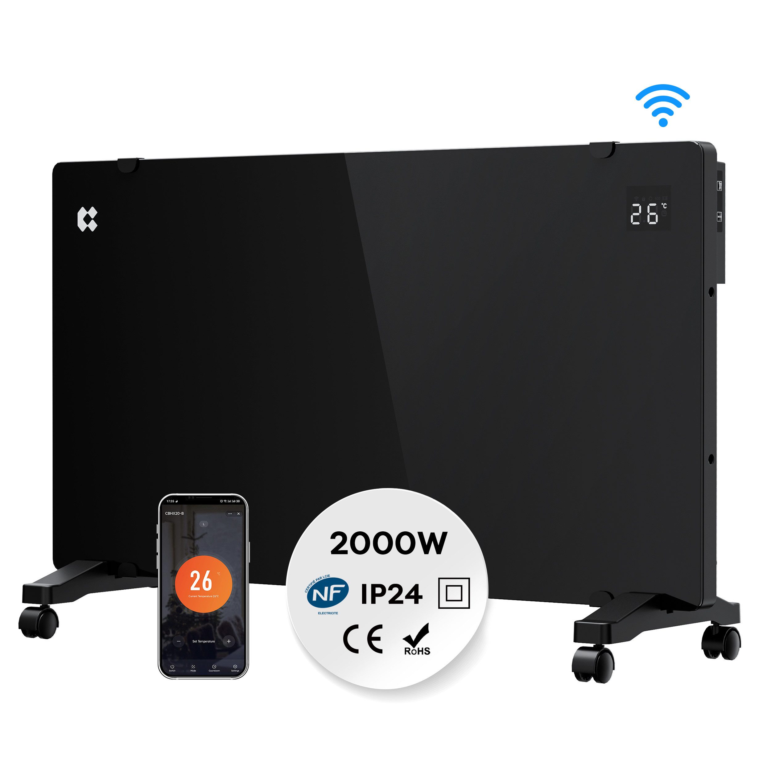 CIARRA Konvektor 2000W Elektro-Heizkörper mit WLAN Aluminium-Heizelement CBHX20-B, 2000 W, PID-Thermostat, App-Steuerung, 7-Tage-Programm, IP24, ca. 20 m²