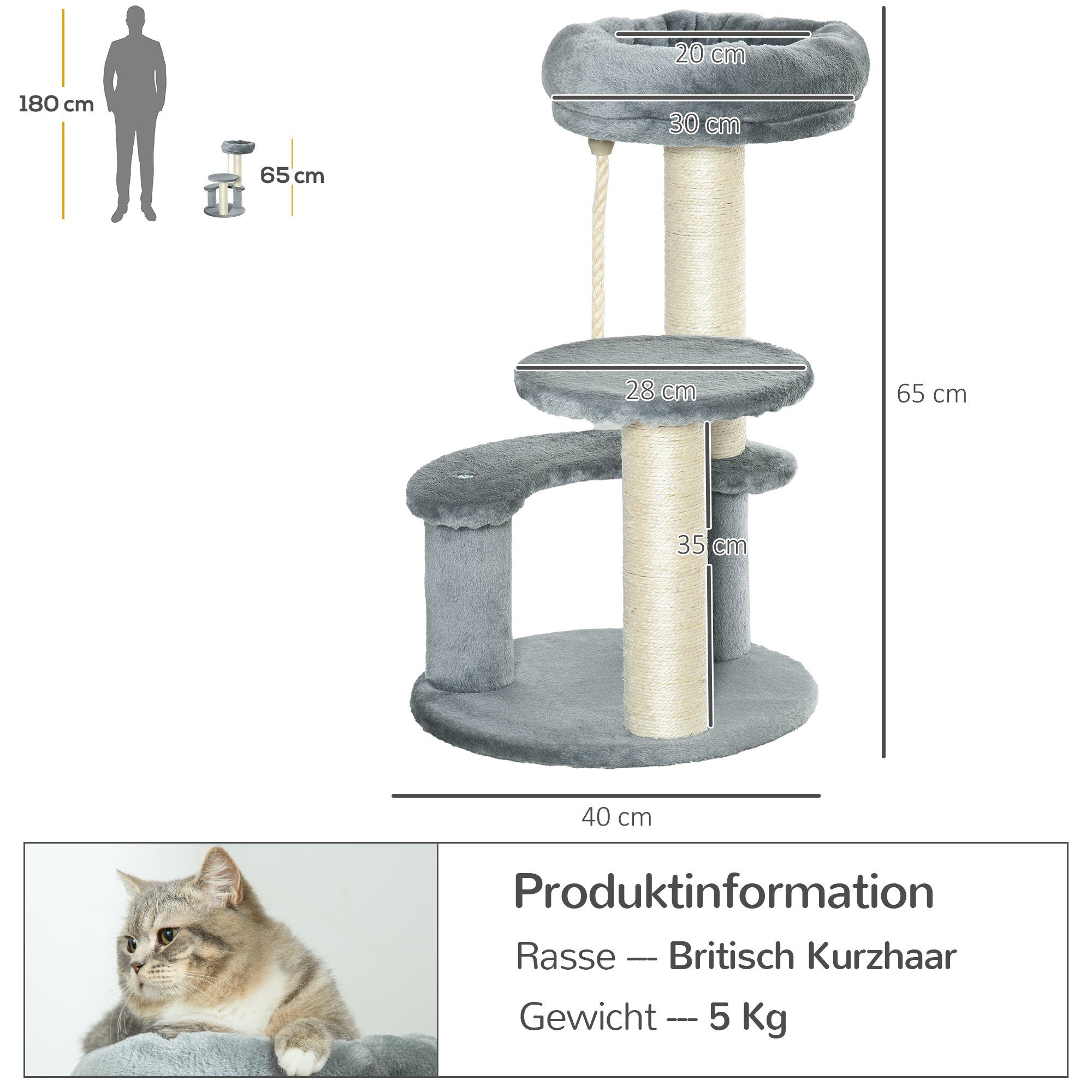 PawHut Kratzbaum Katzenbaum 3-Stufiger Spielbaum mit Katzenbett, Sisalsäulen, Grau, Ø40 x H65 cm