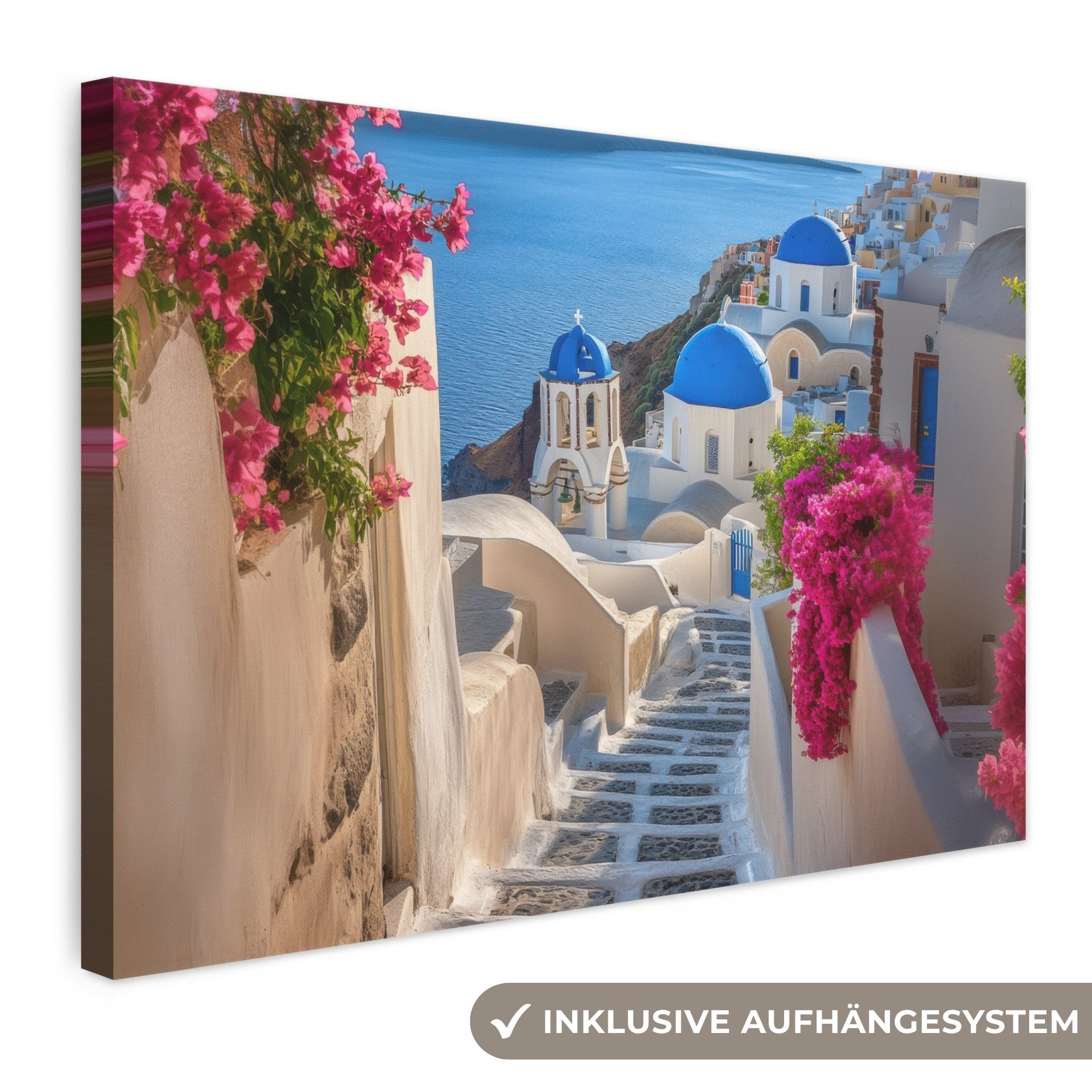 OneMillionCanvasses® Leinwandbild Santorin - Blumen - Griechenland, Fotodruck (1 St), Leinwand Bilder Klein, Wand Dekoration Aesthetic 30x20 cm