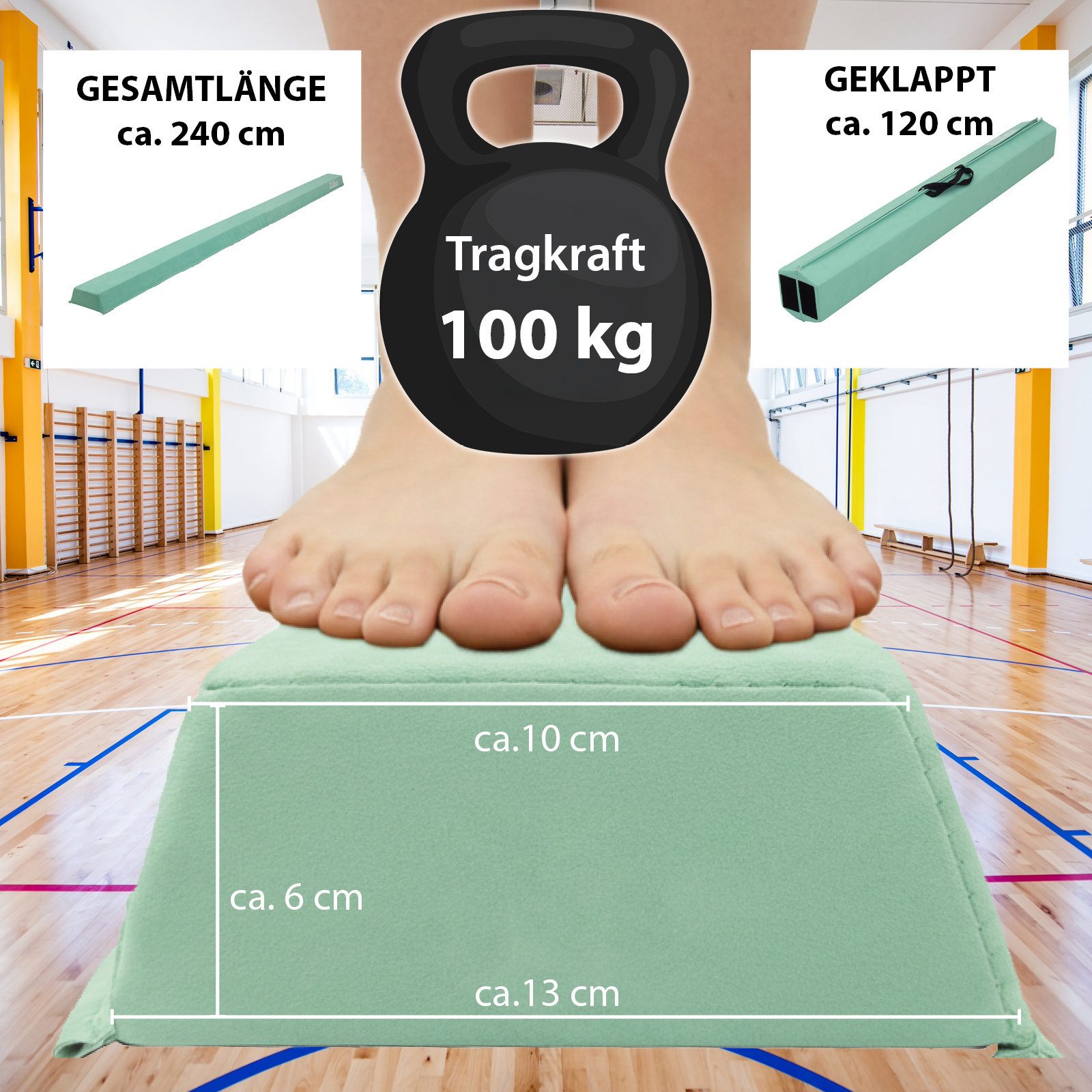 TRUTZHOLM Balanceboard Schwebebalken 240 cm Turnbalken inkl. Tragetasche Balancieren Mintgrün, klappbar, tragbar, bodennah, kombinierbar