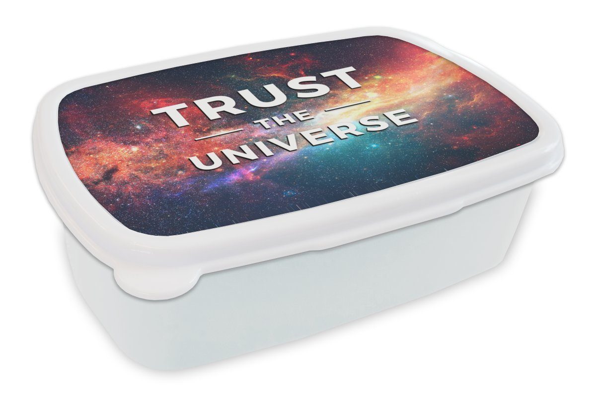 MuchoWow Lunchbox Vertraue dem Universum" - Zitate - Sprichwörter - Jungen - Mädchen -, Kunststoff, (2-tlg), Brotbox für Kinder und Erwachsene, Brotdose, für Jungs und Mädchen weiß