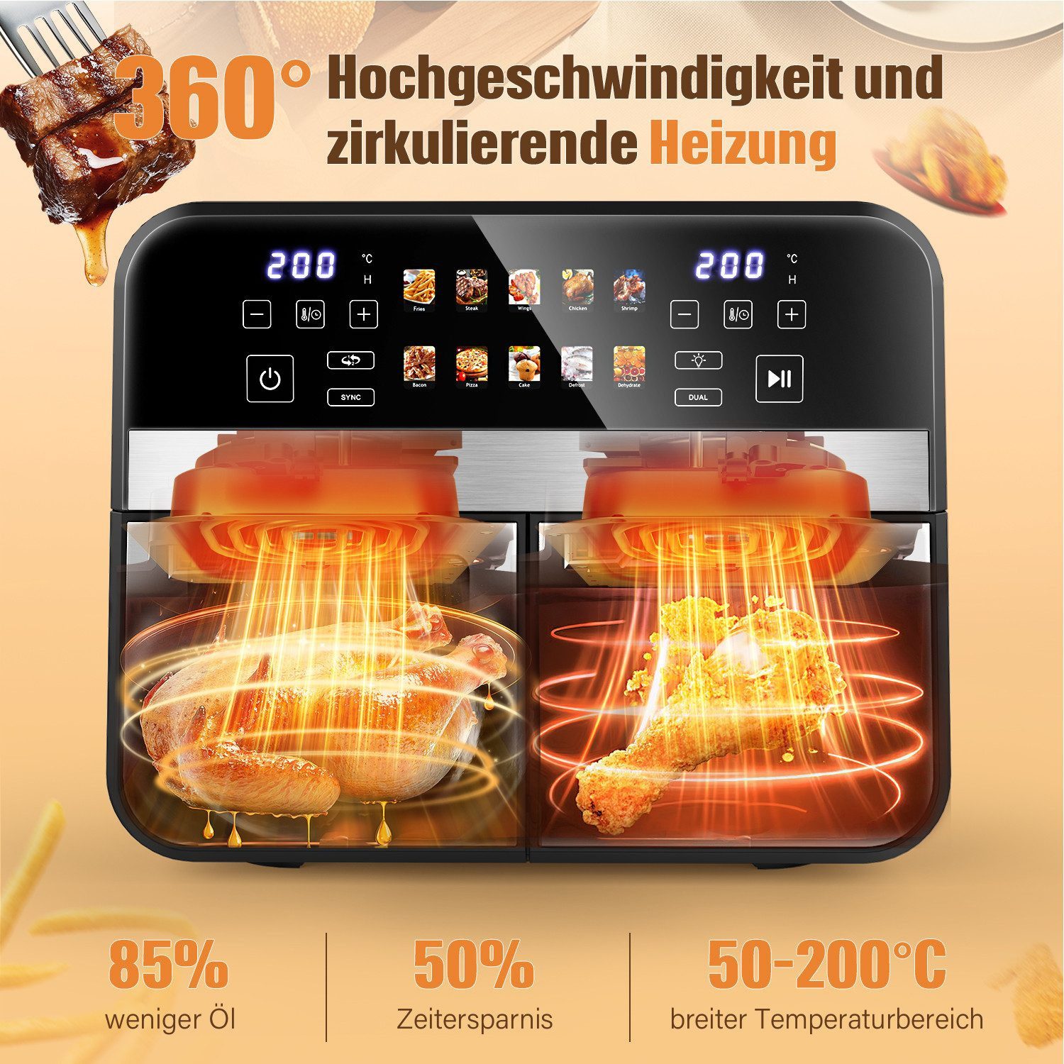 oyajia Heißluftfritteuse 9L Heißluftfritteuse RA930DSV XXL, 2 separat gesteuerte Garkammern, 2800,00 W, Touch Display, Sichtfenster, 8 Automatikprogramme/je 4,5 – Bild 5 von 5