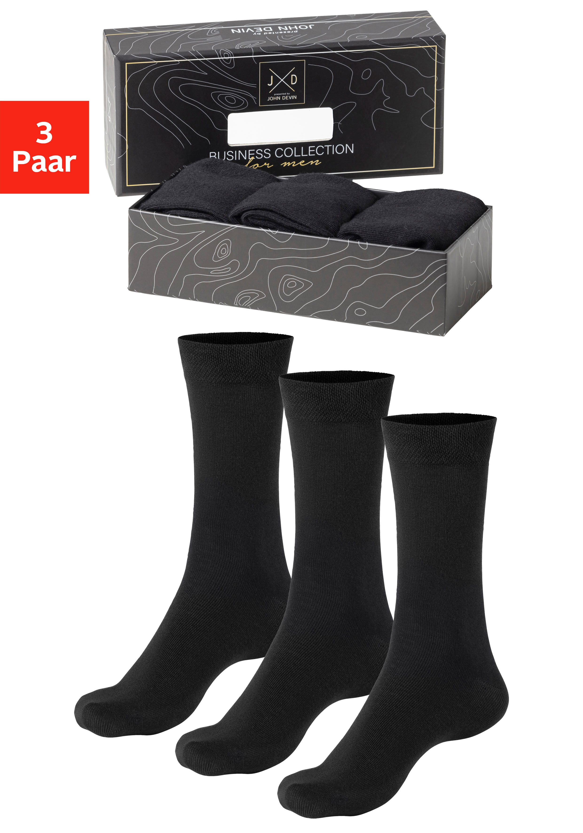 John Devin Businesssocken (Packung, 3-Paar) mit längerer Schaftlänge, verpackt in einer Box