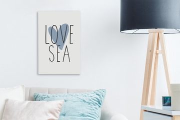 OneMillionCanvasses® Leinwandbild Illustration mit einem blauen Herz und dem Zitat "Love sea"., (1 St), Leinwandbild fertig bespannt inkl. Zackenaufhänger, Gemälde, 20x30 cm