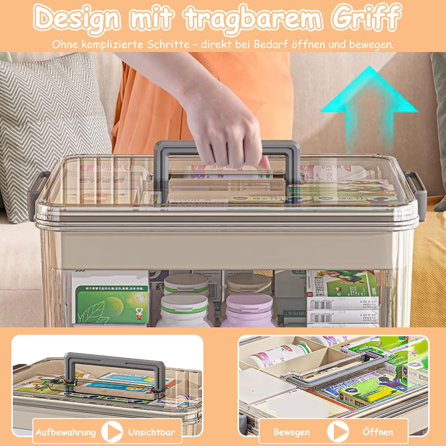 HEYHIPPO Stapelbox Handliche Medikamentenbox mit 2 Etagen, groß und praktisch für Zuhause (Aufbewahrungsbox aus verdicktem PET-Material, Größe 28 x 21 x 17 cm), – Bild 5 von 5