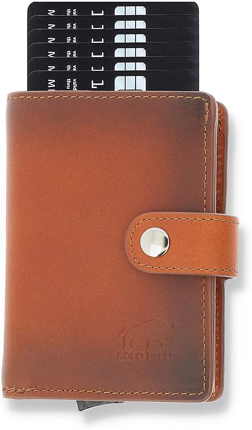 Solo Pelle Mini Geldbörse Q-Wallet Leder Geldbörse mit integriertem Kartenetui für 15 Karten, Echt Leder, Made in Europe, in elegantem Design mit RFID Schutz Cognac Braun