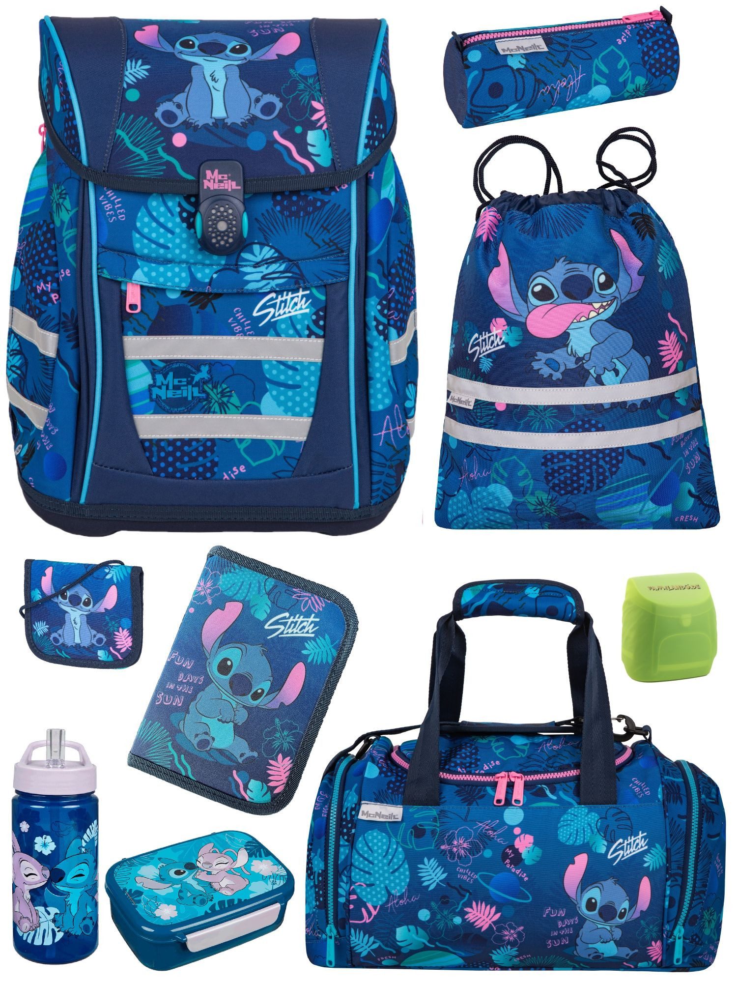 McNeill Schulranzen Schulranzen Disney Stitch Schultaschen Set Mädchen 1. Klasse (Set, 9-tlg., inkl. Brotdose, Trinkflasche & große Sporttasche), mit Brustgurt, 980 Gramm leicht, 18L Volumen