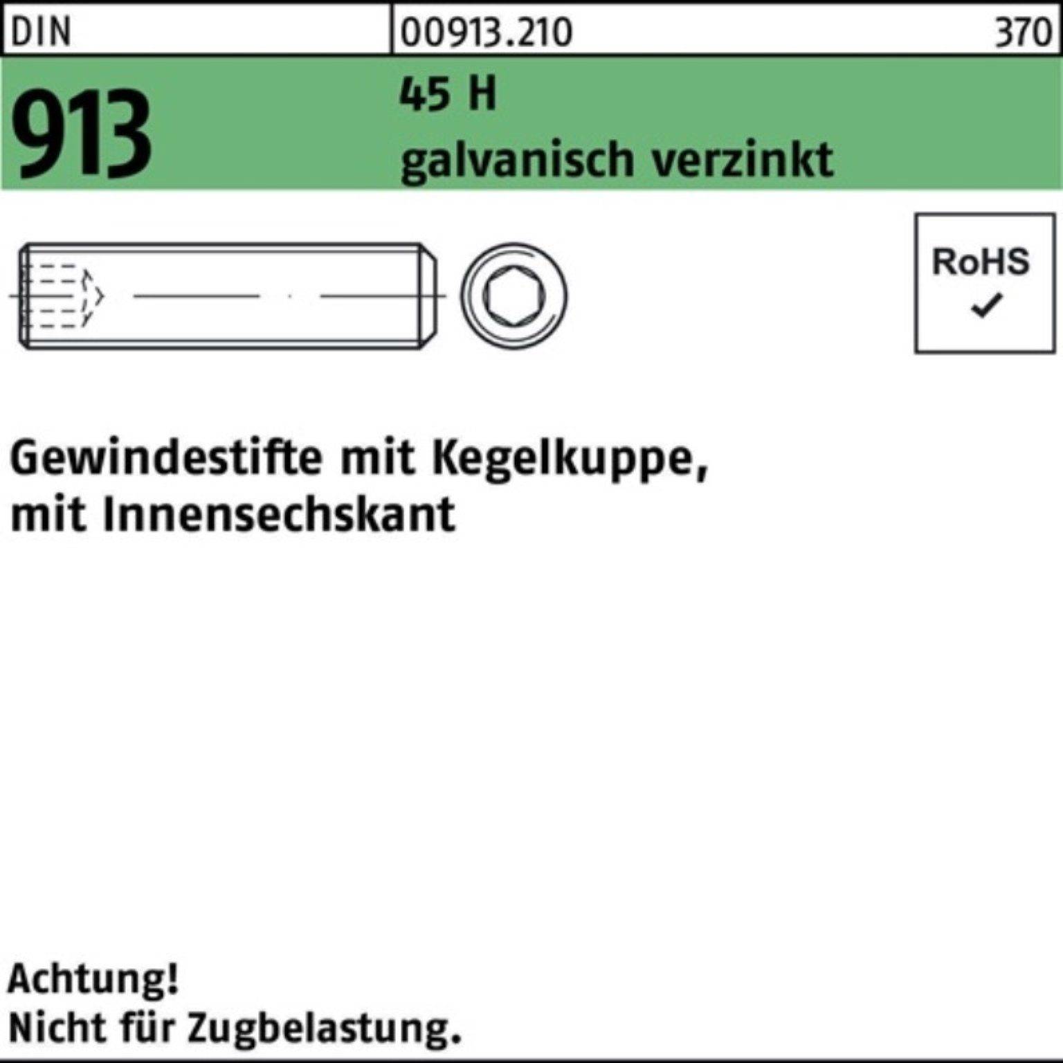 Reyher Gewindebolzen 100er Pack Gewindestift DIN 913 Kegelkuppe/Innen-6kt M10x40 45 H galv.