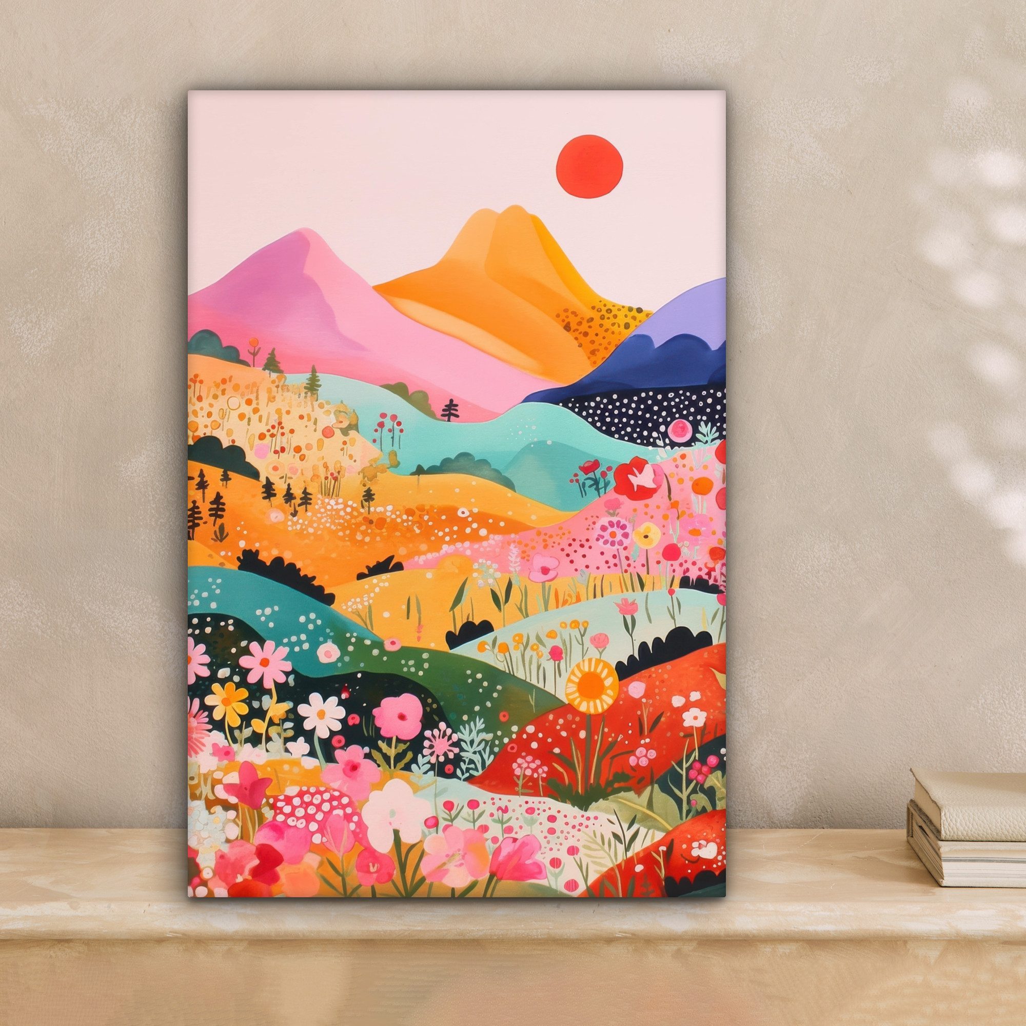 OneMillionCanvasses® Leinwandbild Bunte Blumen - Berge - Fantasielandschaft günstig online kaufen
