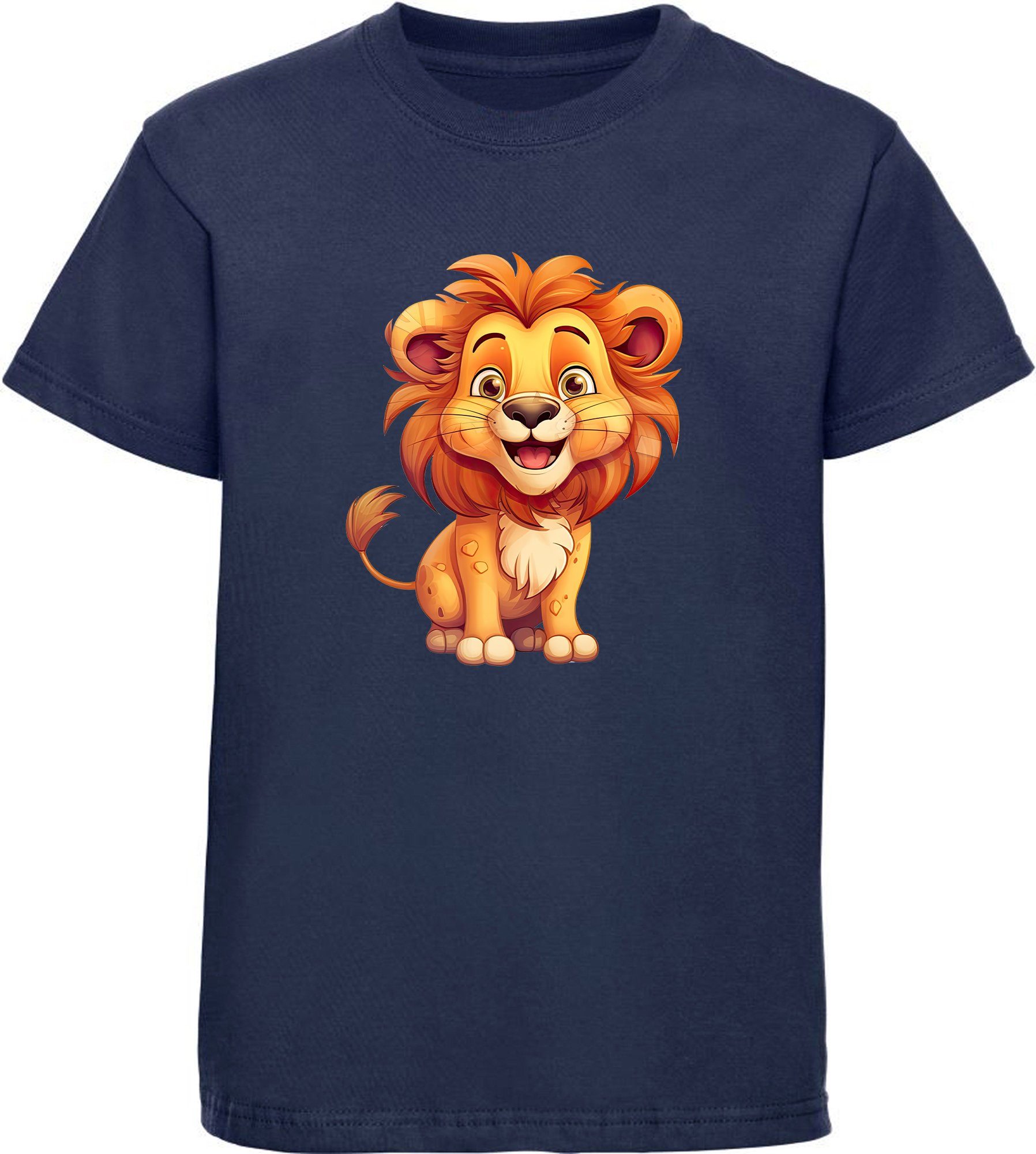 MyDesign24 T-Shirt Kinder Wildtier Print Baumwollshirt Aufdruck, blau i275 Löwe Shirt bedruckt mit navy Baby 