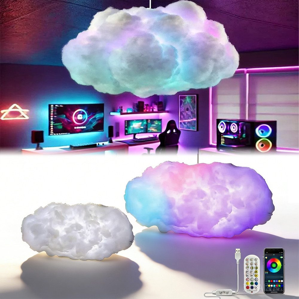 PRIISF Kugelleuchte Pendelleuchte Cloud Kronleuchter Wolke Deckenleuchte Baumwolle Leuchte, Fernbedienung, APP-Steuerung, RGB Hängeleuchte dimmbar Decken Pendel Lampe Atmosphäre, mit Bluetooth Federn Thundercloud Hängelampe, für Schlafzimmer, Esszimmer, Flur, Kinder, Gaming, Party, Club Deko
