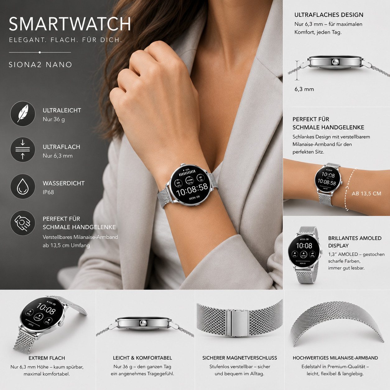 XCOAST SIONA2 ultraflache Damen Smartwatch (4,2 cm/1,3 Zoll), 1-tlg., Edelstahl, Nachrichtenempfang, Anrufanzeige, 7 Tage Akku, Blutdruck, Wasserdicht, Puls, Kalorien, AMOLED Display