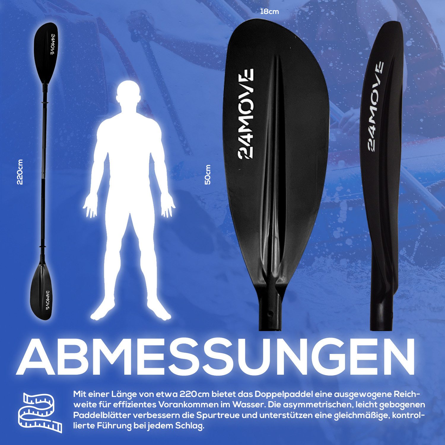24Move Doppelpaddel, Stand Up Paddle Aluminium SUP-Paddel, (Winkelverstellung, universell einstellbar, verstellbar, 2-teilig, SUP-Paddel), für Paddelboards, Kajakboot und Ruderboot