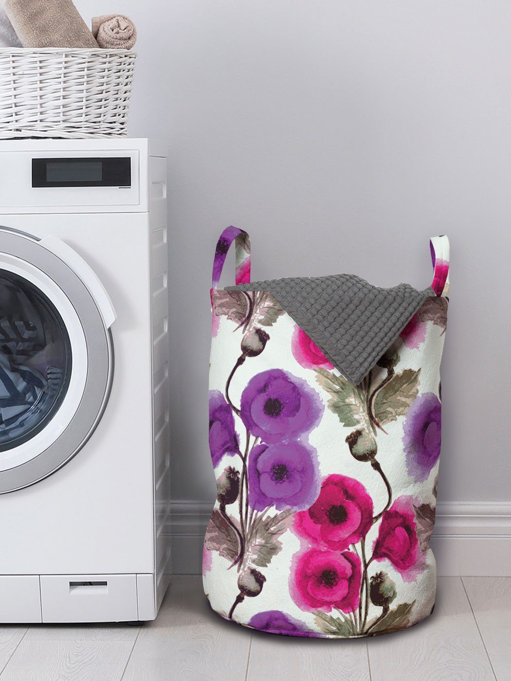 Mohnblumen Abakuhaus Wäschekorb Aquarell für mit Waschsalons, Blume Griffen Wäschesäckchen Kordelzugverschluss