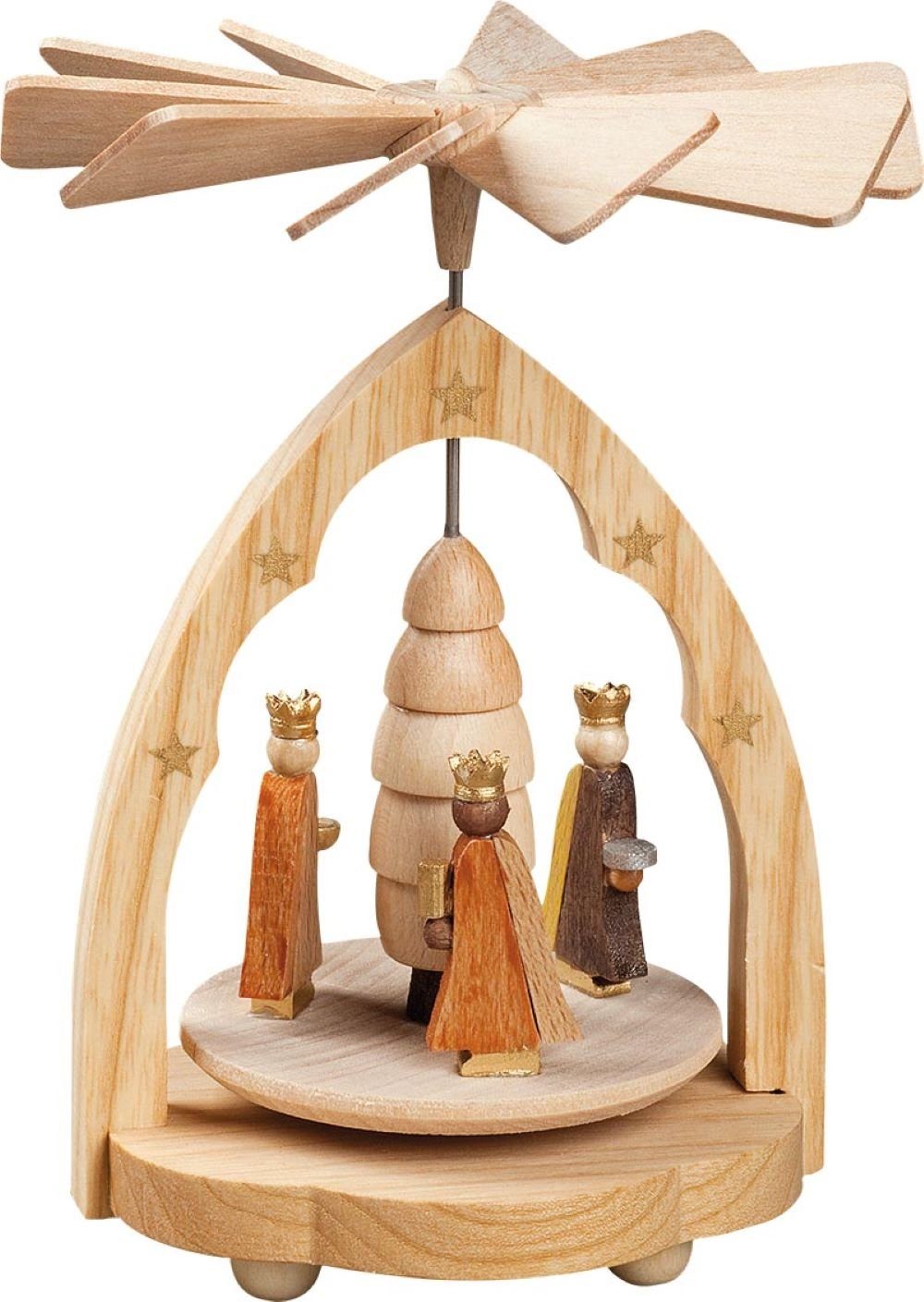 Richard Glaesser Weihnachtspyramide Wärmespiel Heilige Drei Könige natur, Höhe 11cm, Handwerkskunst original Erzgebirge