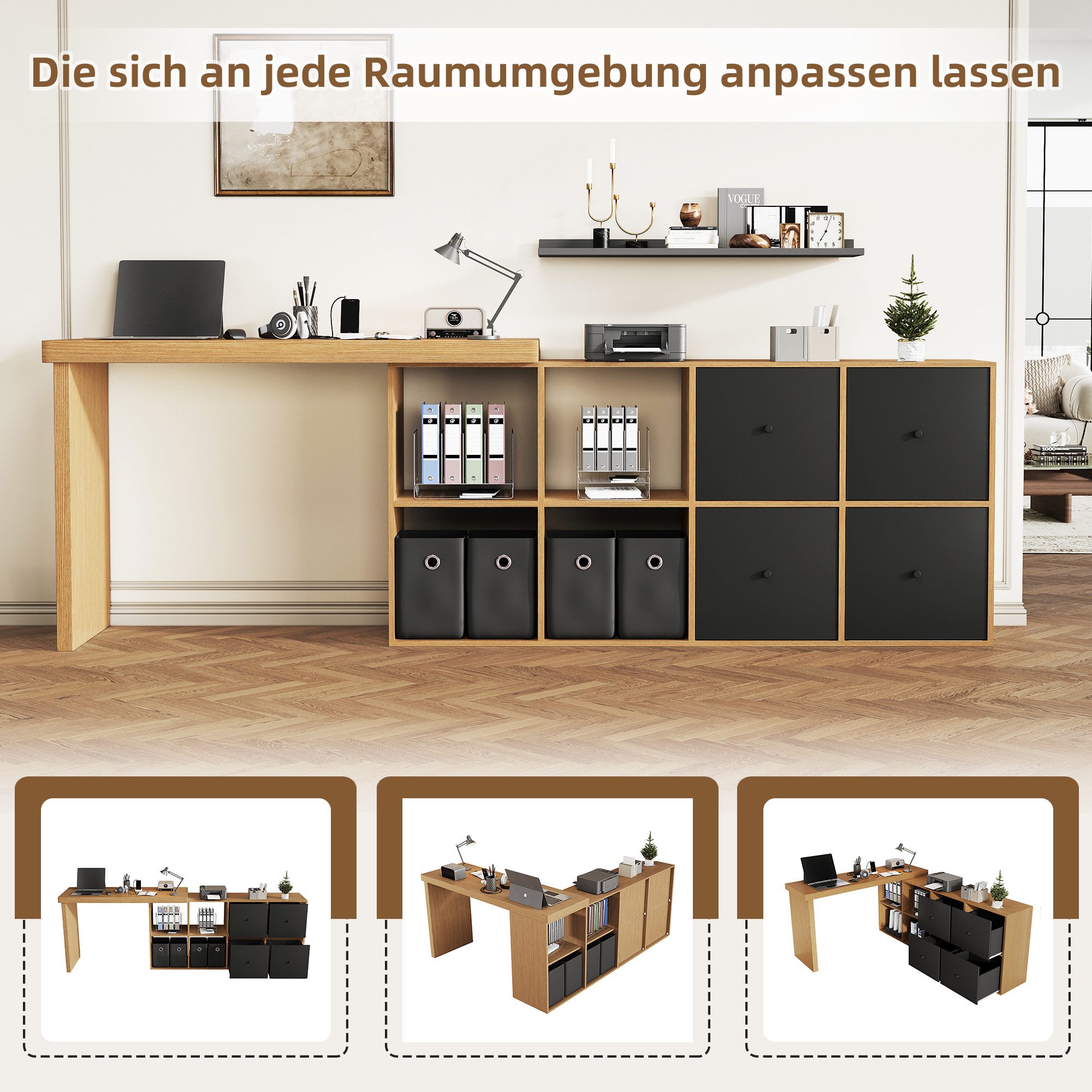 Merax Schreibtisch 360° drehbarer L-förmiger Bürotisch Arbeitstisch (1-St., Schreibtisch 120×48×78 cm/Sideboard 140×35×74 cm), Eckschreibtisch mit Sideboard, 8 Fächer, 4 Schubladen & Kippsicherung