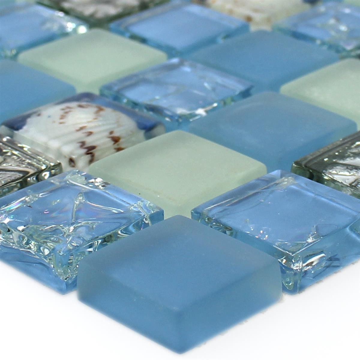 Mosafil Mosaikfliesen Glas Muschel Mosaikfliesen Byron, Glas 30.000x30.000, weiß-silber-blau, Verlegefertig auf ein Netz geklebt - Wasserfest