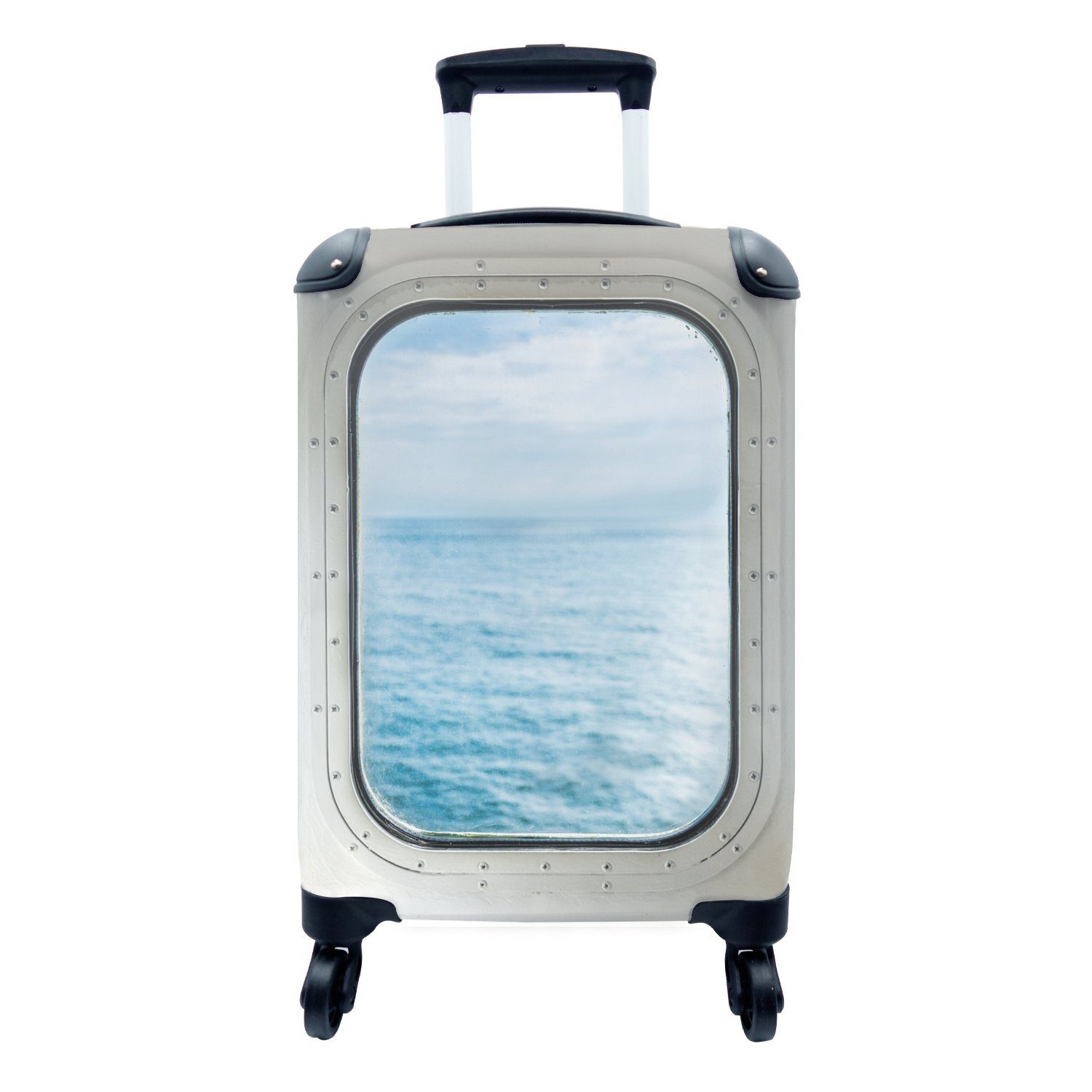 MuchoWow Handgepäckkoffer Blick auf ein Reisetasche Reisekoffer für durch Meer mit das rollen, Ferien, Handgepäck 4 Trolley, Bullauge, Rollen