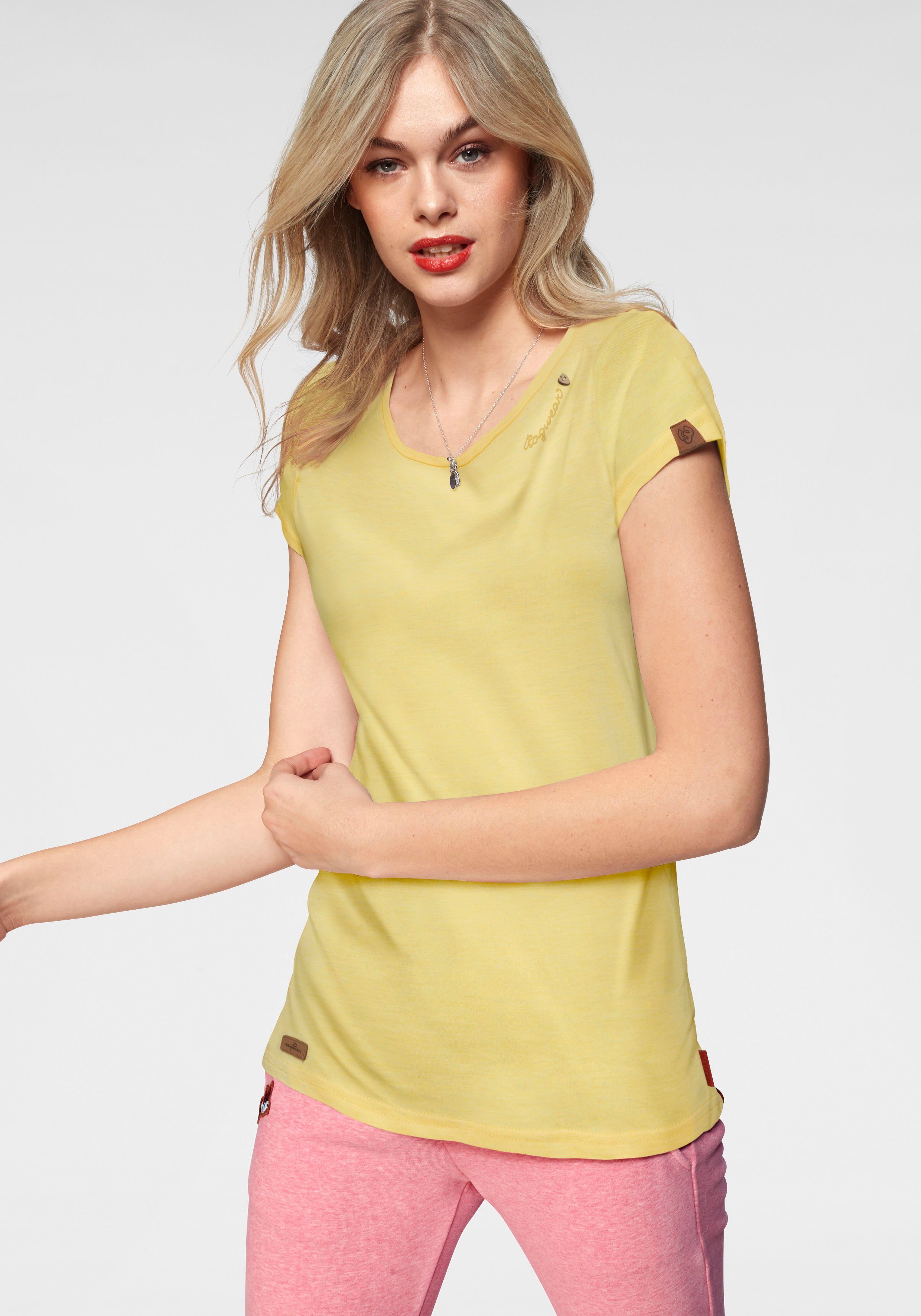 Ragwear T-Shirt MINT O mit Logoschriftzug und Zierknopf-Applikation in natürlicher Holzoptik yellow 6028