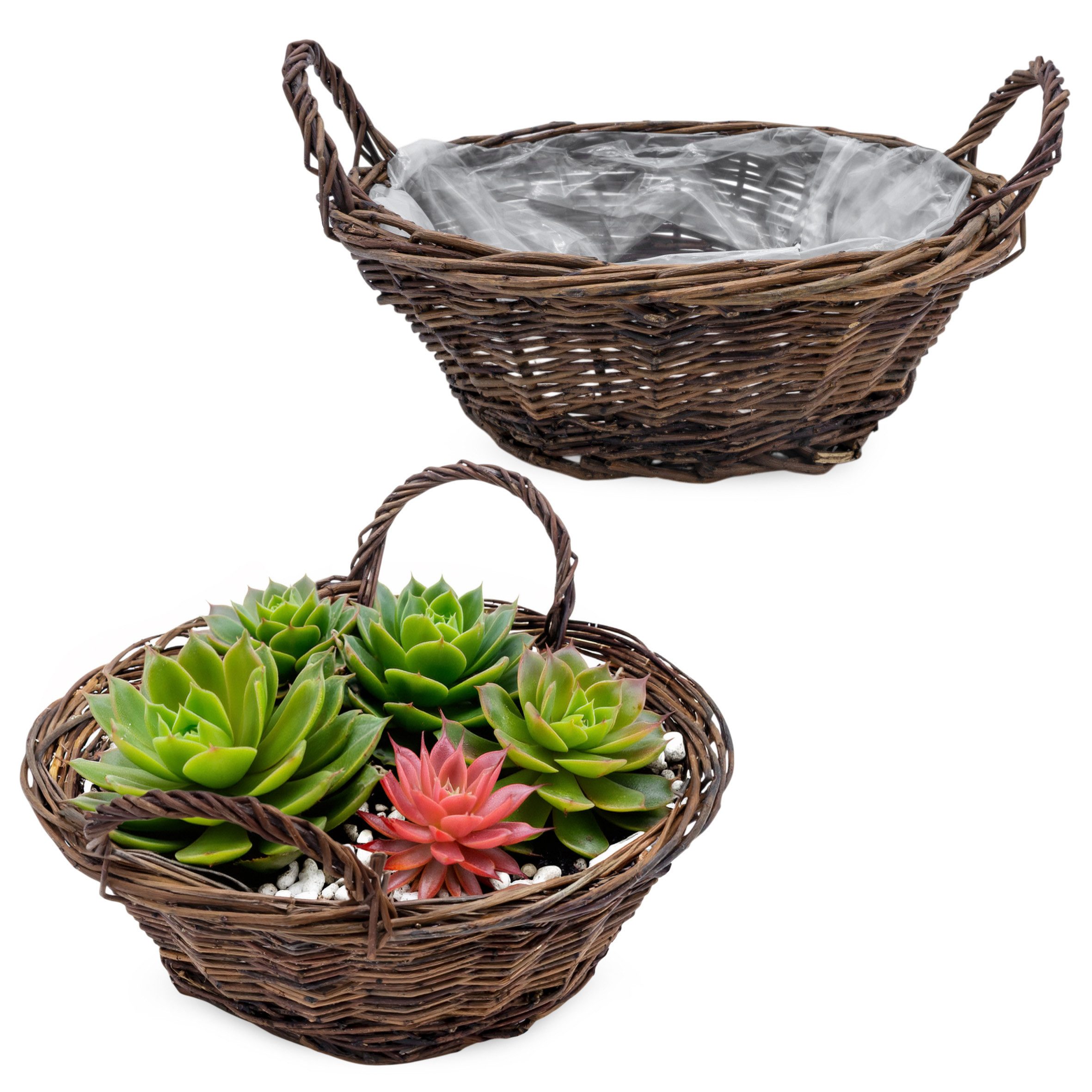 Spetebo Pflanzschale Rattan Pflanzkorb natur mit Henkel (Set, 2 St., Ø 30 cm), Blumenkorb mit Folie ausgekleidet zum direkten Bepflanzen