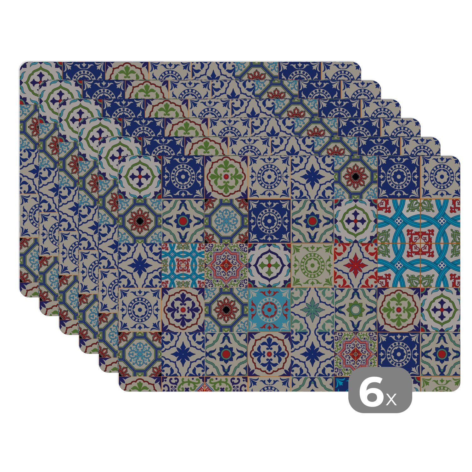 Platzset, Blumen - Muster - Grün - Blau, MuchoWow, (6-St), Platzset, Platzdecken, Platzmatte, Tischmatten, Schmutzabweisend
