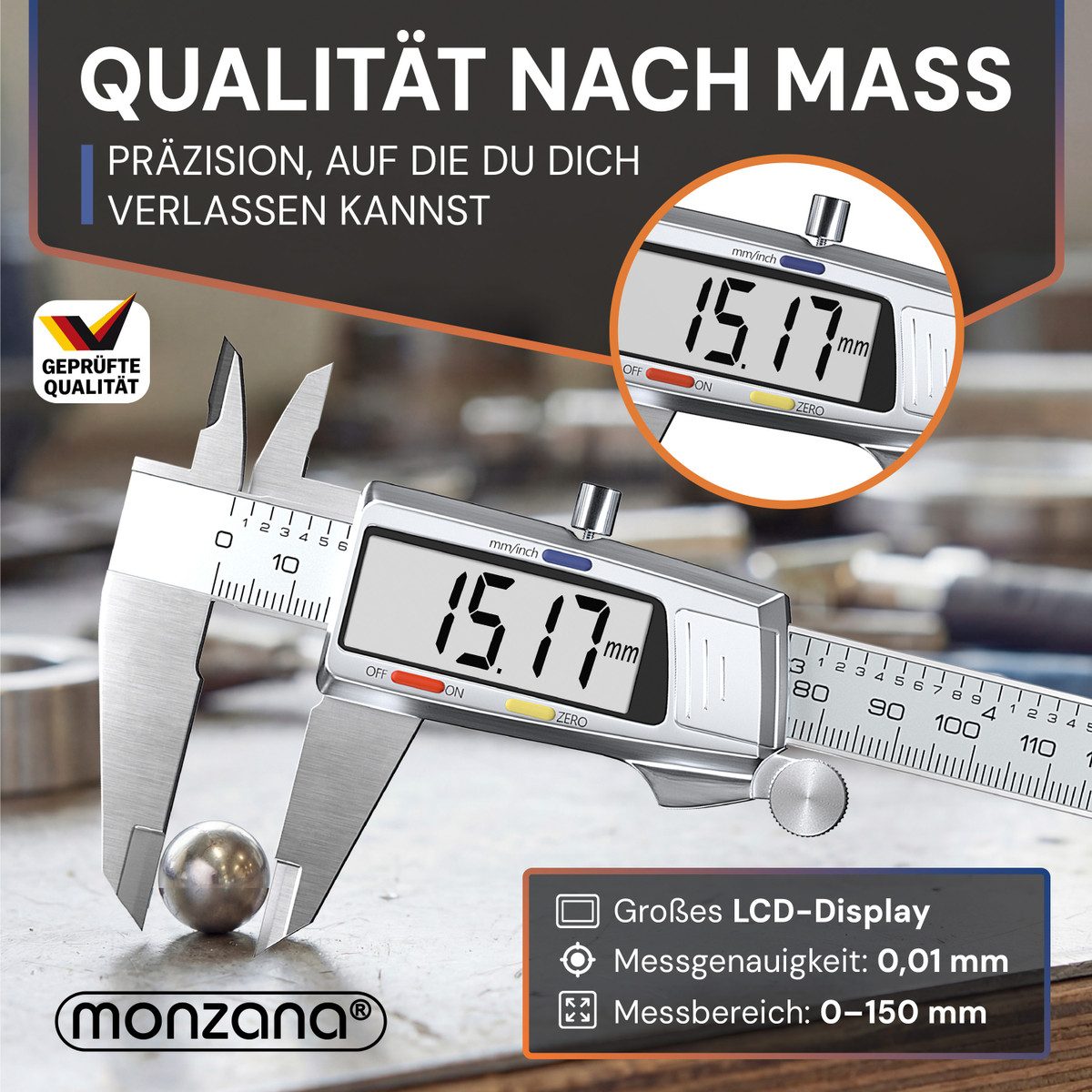 monzana Messschieber, 4-St., Digital Edelstahl 150mm mit LCD Display Box Ersatzbatterie Messlehre