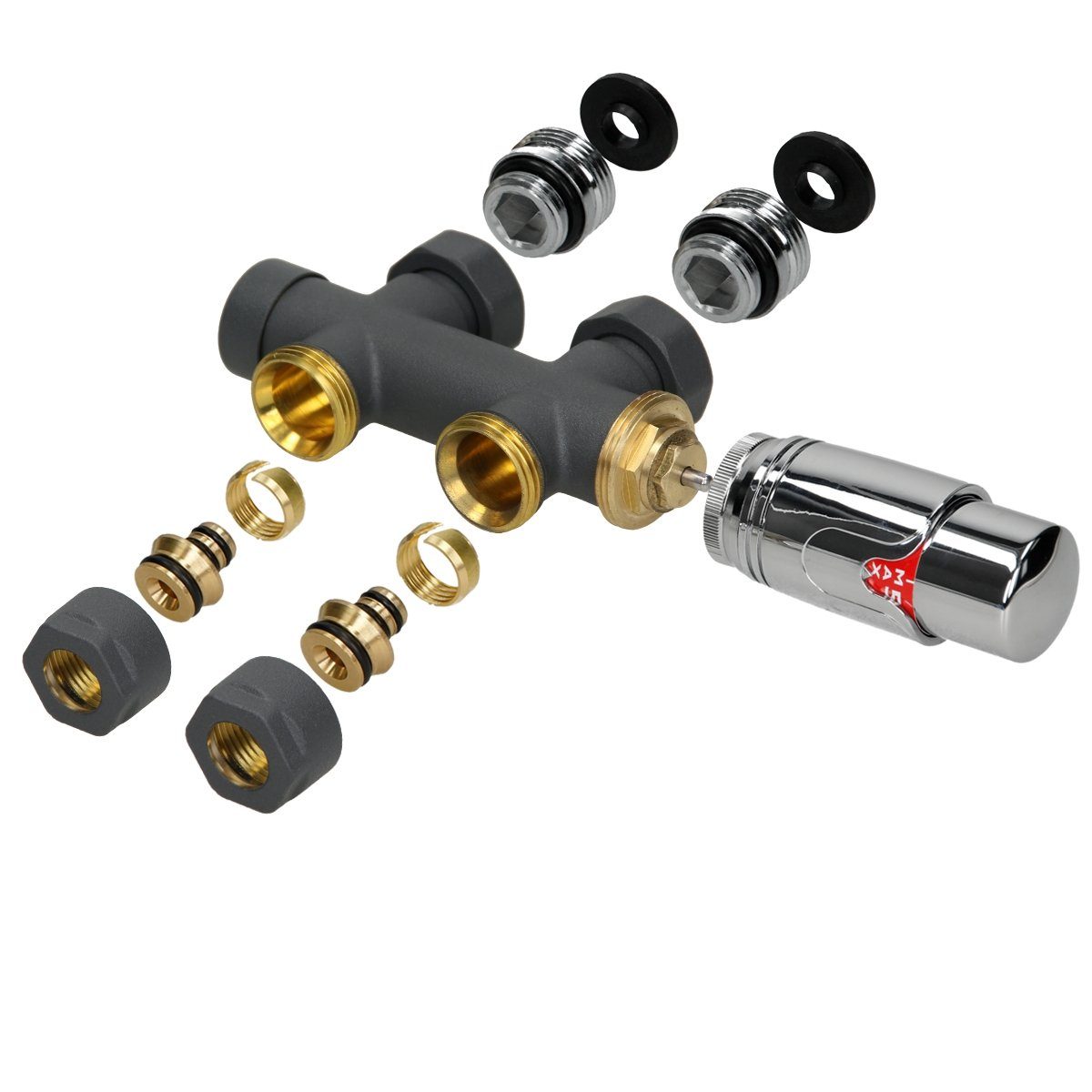 LuxeBath Heizkörperthermostat Ventil-Armaturen Multiblock Mittelanschluss Anschlussgarnitur, Thermostatventil Ventilhahnblock Durchgangsform + Thermostatkopf