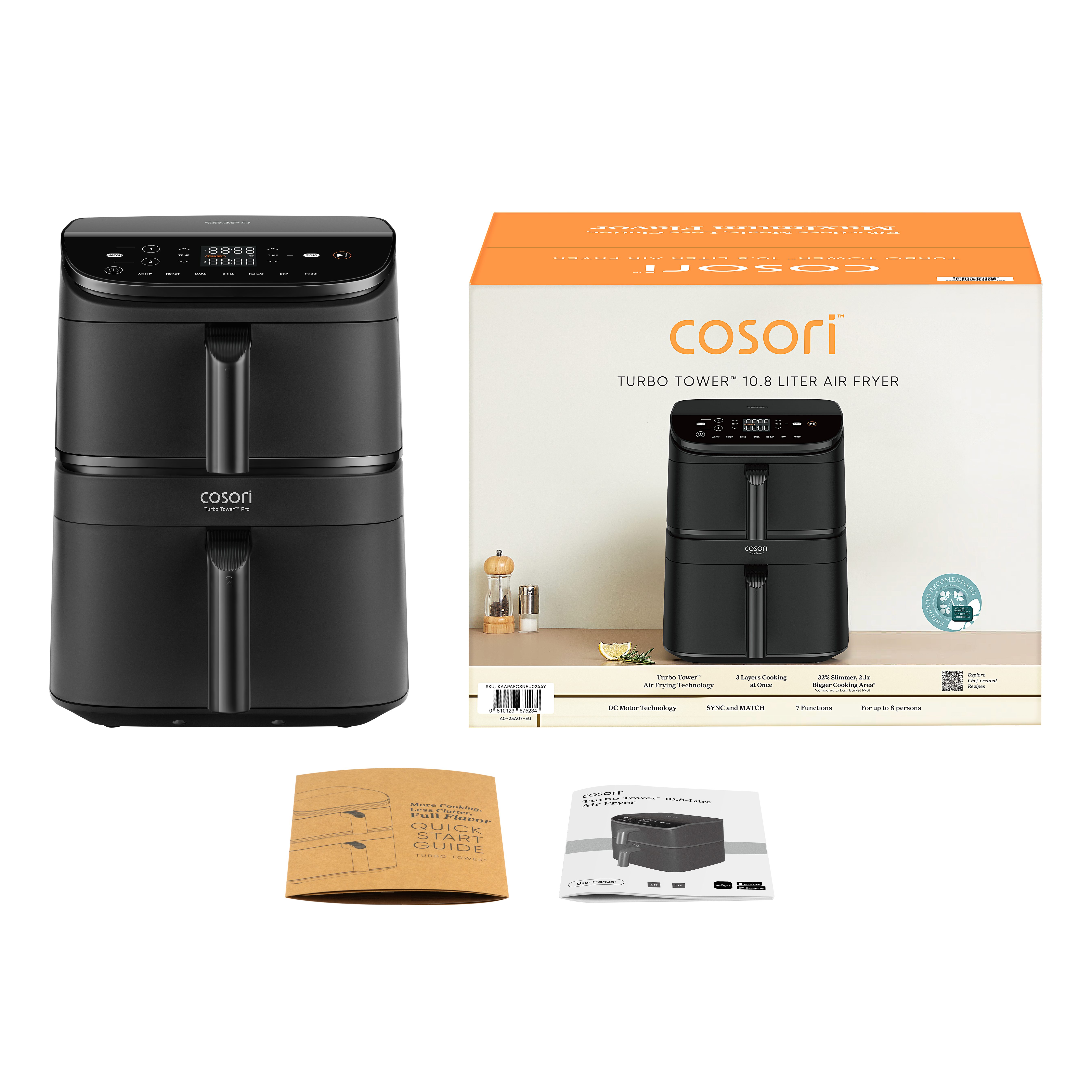 Cosori Heißluftfritteuse Cosori Turbo Tower CAF-DC121 mit vertikaler Doppelkammer, 2630,00 W, 2 DC-Motoren, 7 Funktionen, 10,8L (4,3l + 6,5l)