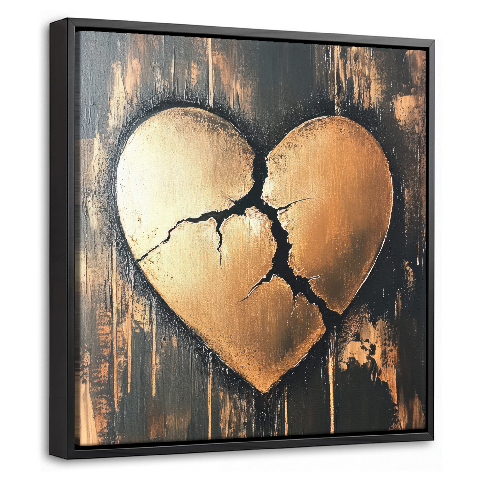 OneMillionCanvasses® Leinwandbild mit Rahmen - Gebrochenes Herz - Gold - Holzoptik - Liebe, Fotodruck (1 St), Leinwand Bilder Klein, Wand Dekoration Aesthetic 20x20cm
