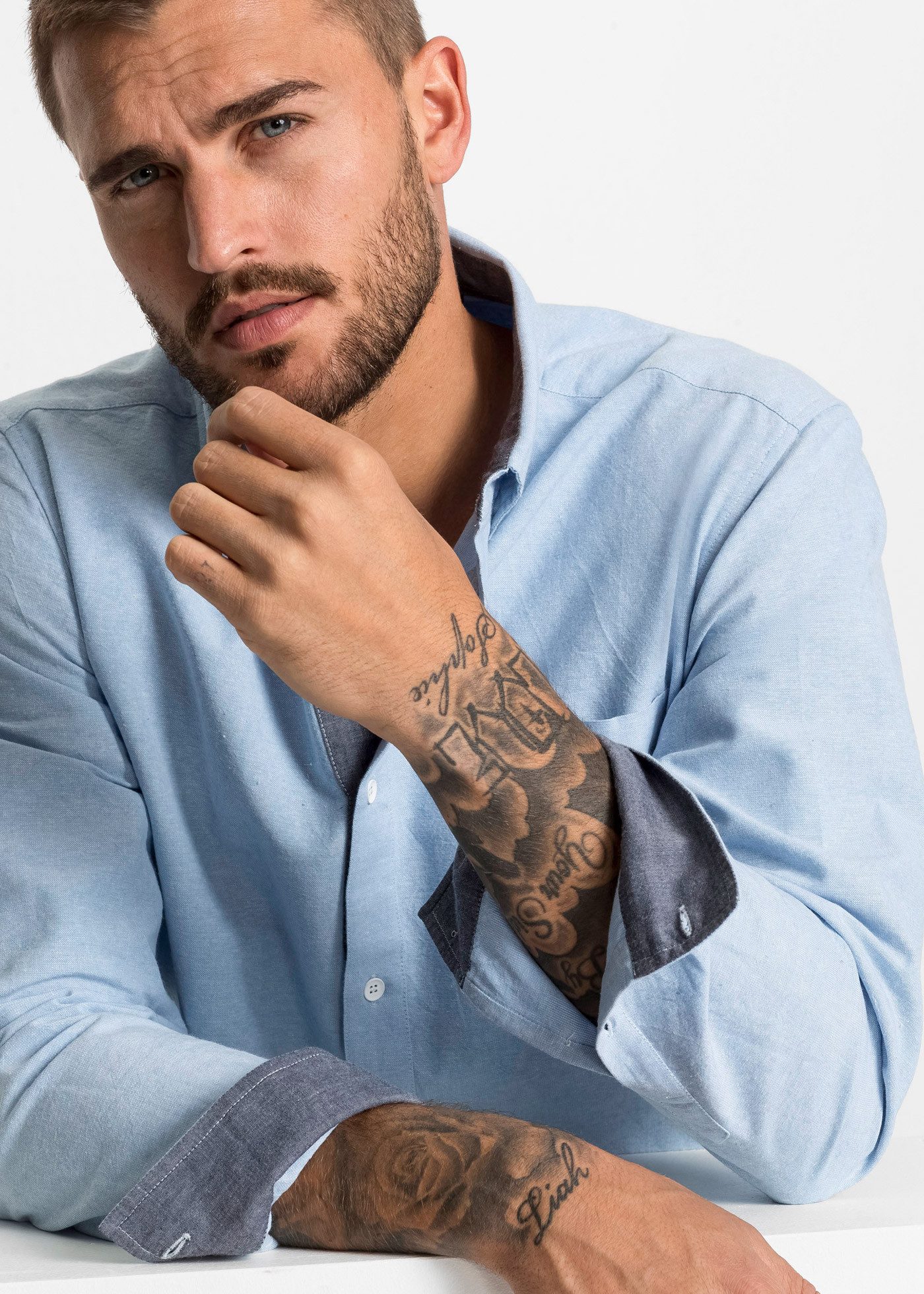 bonprix Langarmhemd Regular fit, aus reiner Baumwolle, unifarben mit Farbeinsätzen