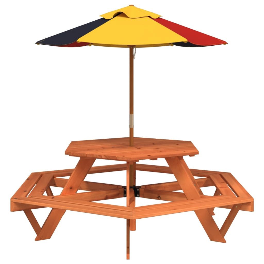 vidaXL Gartentisch Picknicktisch für 6 Kinder mit Sonnenschirm Sechseckig Tanne (1-St)