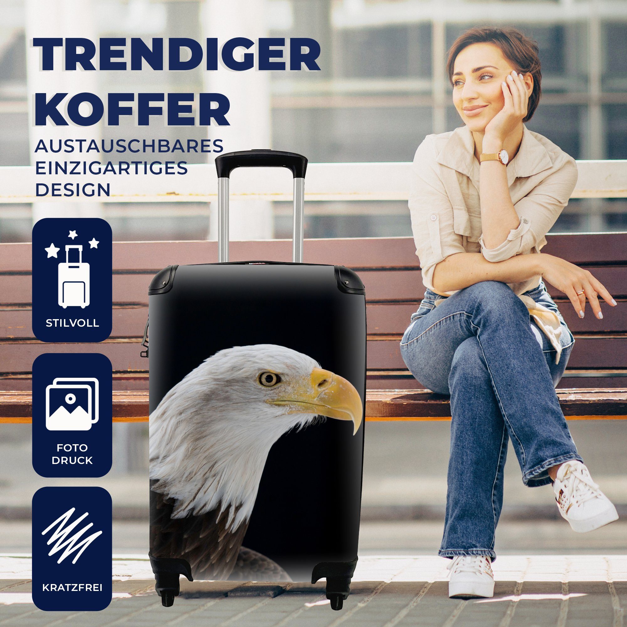 Schwarz, für Rollen, Schnabel rollen, Ferien, Vogel 4 Adler Trolley, mit Reisetasche - - Handgepäck Handgepäckkoffer Reisekoffer MuchoWow -
