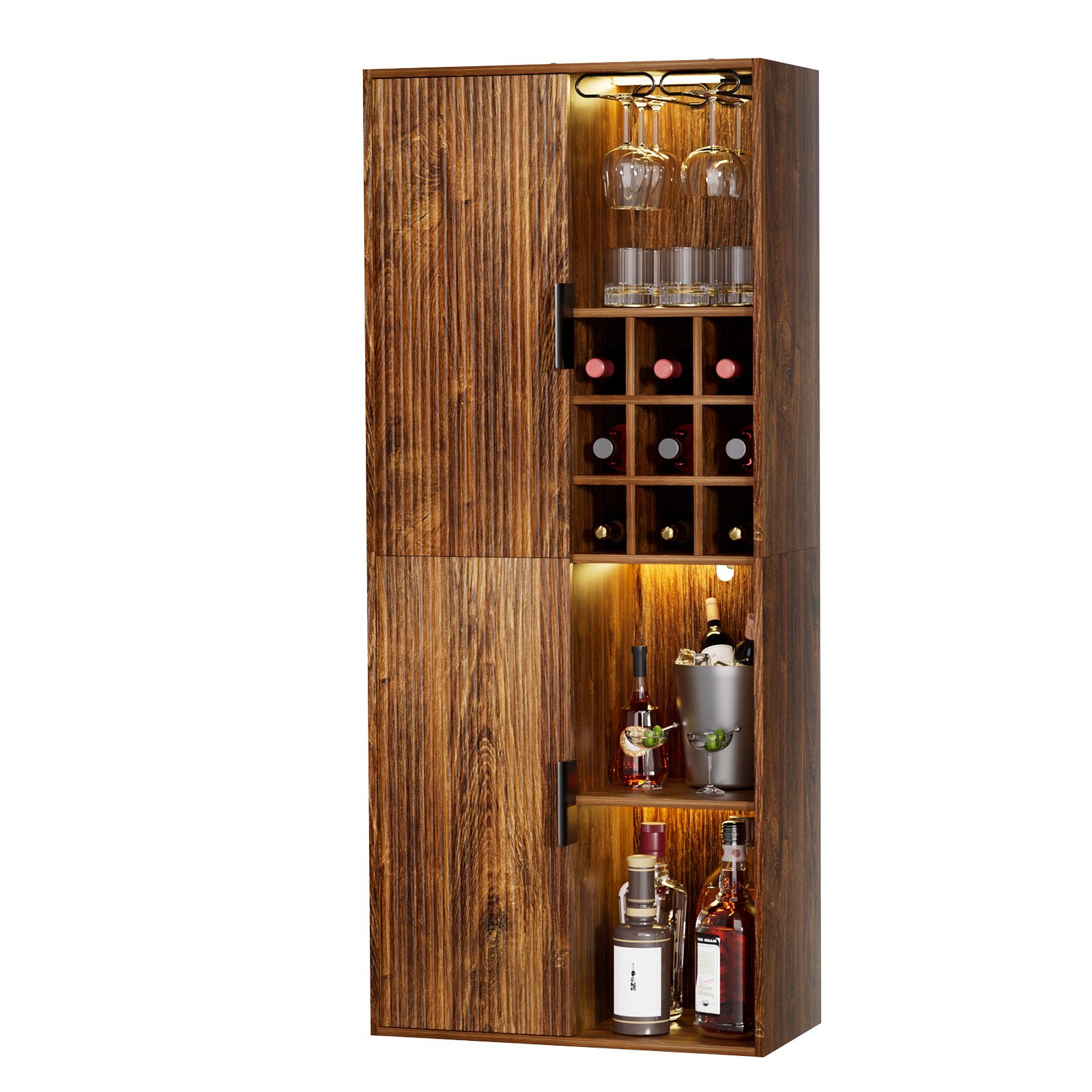 Yorbay Vitrine Stehendes Weinschrank aus Holz mit LED-Beleuchtung, 9 Weinregalen (60X30X140cm) Vintage-Farbe, für Wohnzimmer & Flur