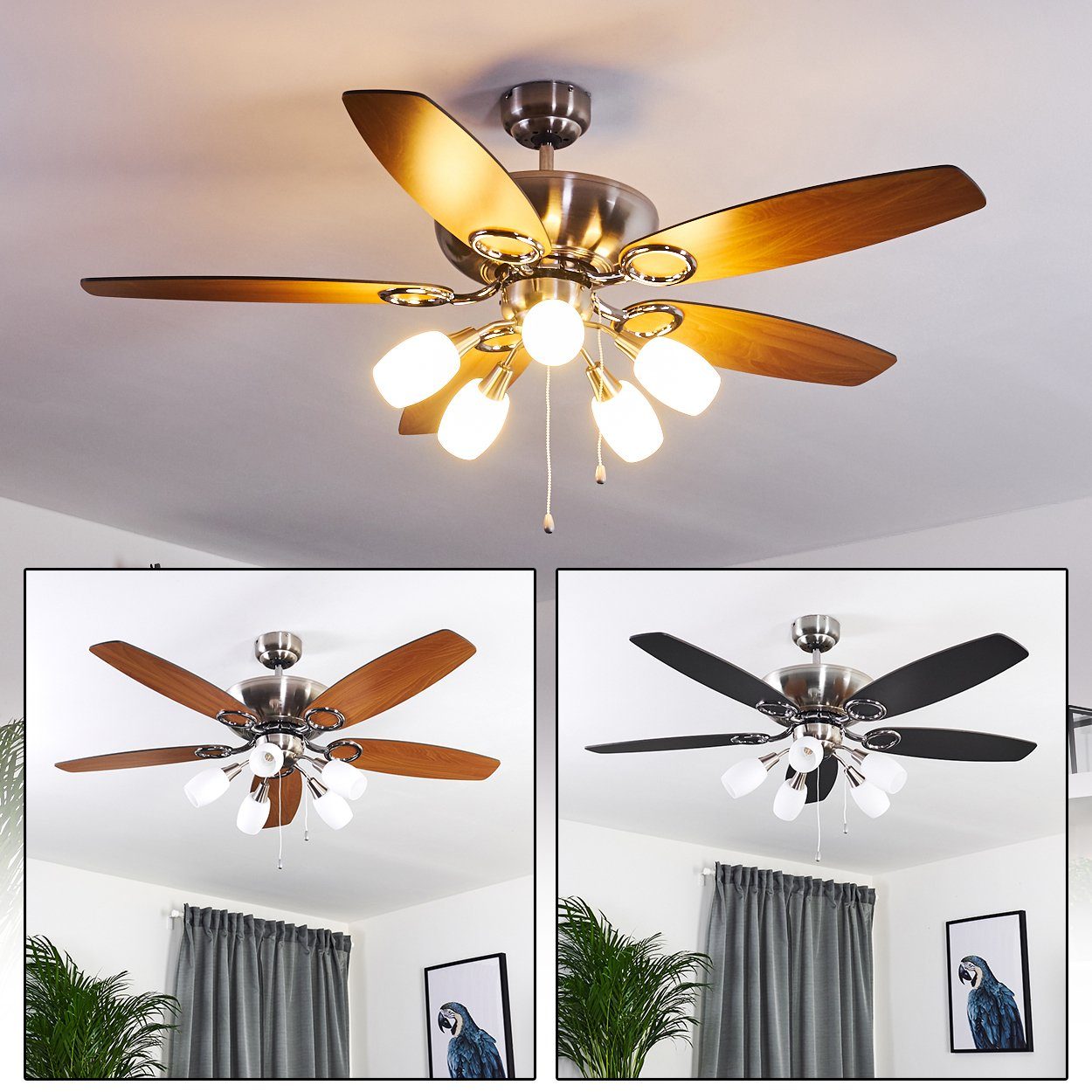 hofstein Deckenventilator »Moruri« Deckenventilator, Metall/MDF/Glas, chrom, Zugschnur u. wendbare Rotorblätter, in 3 Stufen schaltbar