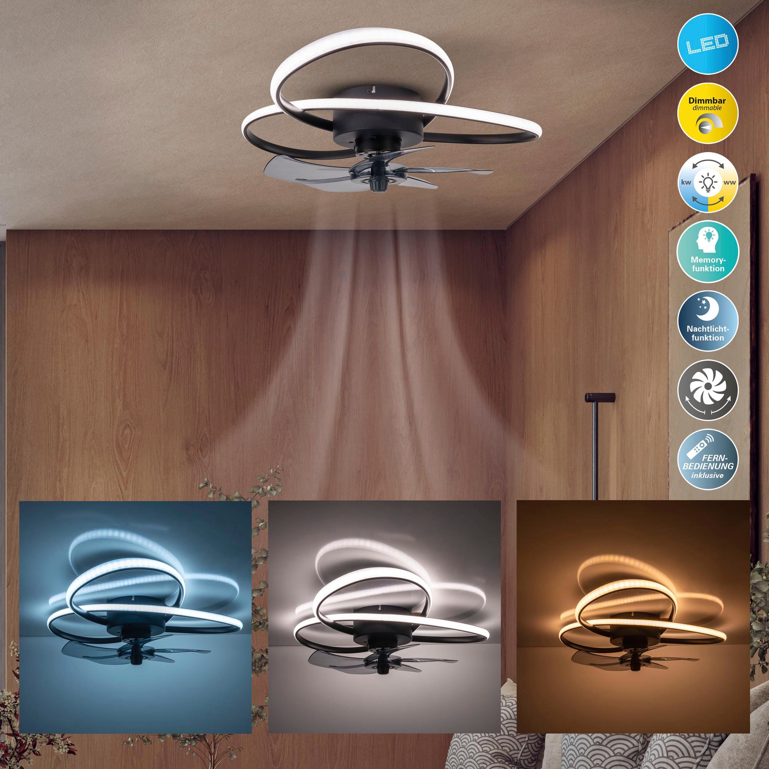 OTTO home LED Deckenleuchte Aerris Deckenventilator, CCT - über Fernbedienung, Dimmfunktion, Fernbedienung, Infrarot inkl., Memoryfunktion, Nachtlichtfunktion, Ventilatorfunktion, LED fest integriert, Kaltweiß, Neutralweiß, Warmweiß, Deckenlampe, Ventilator, 3 Stufen, Links-Rechts-Drehung, Ø 58 cm