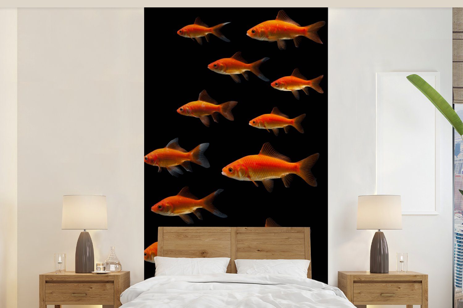 MuchoWow Fototapete Goldfisch - Tiere - Schwarz, Matt, bedruckt, (2 St), Vliestapete für Wohnzimmer Schlafzimmer Küche, Fototapete | Fototapeten