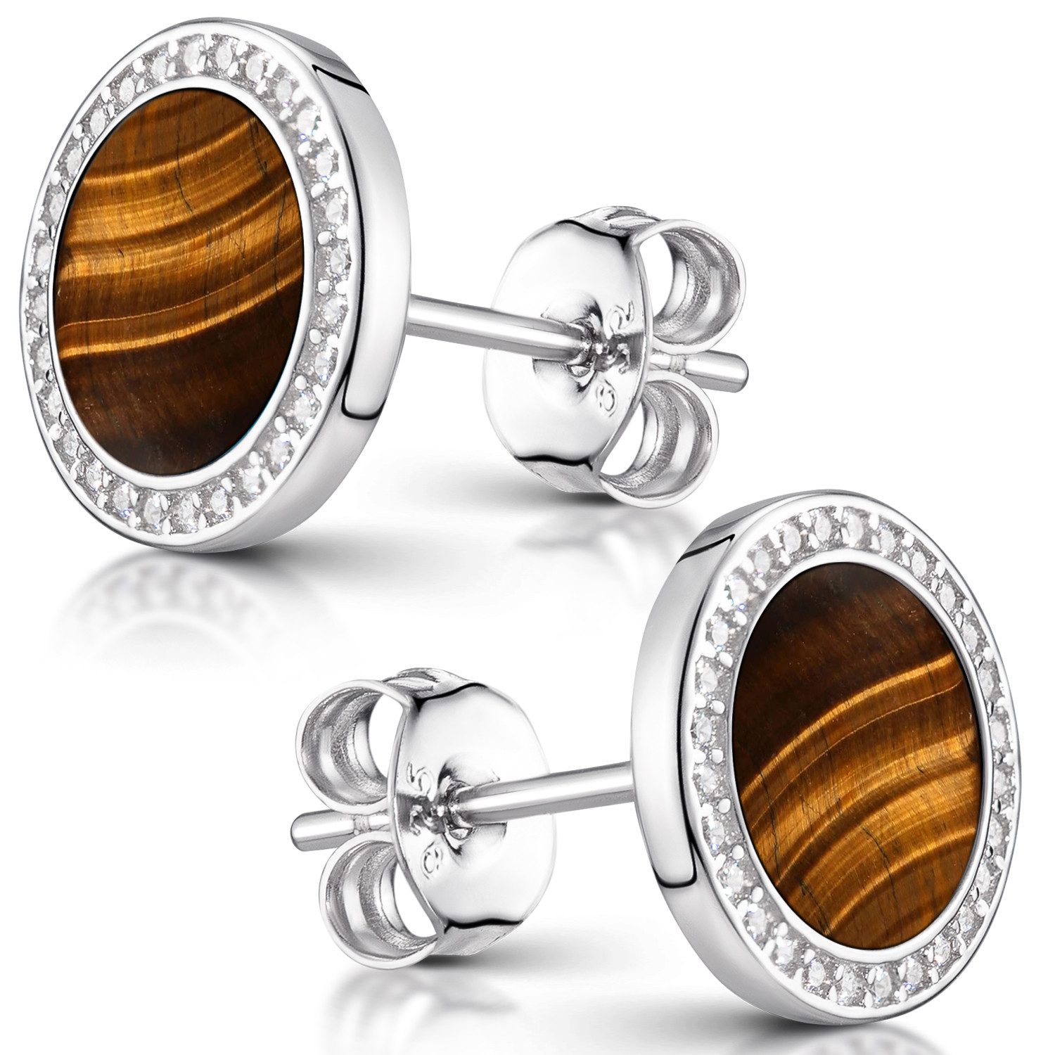 Materia Paar Ohrstecker Damen Ohrringe Tigerauge Braun Gelb mit Zirkonia SO-394, 925 Sterling Silber, rhodiniert