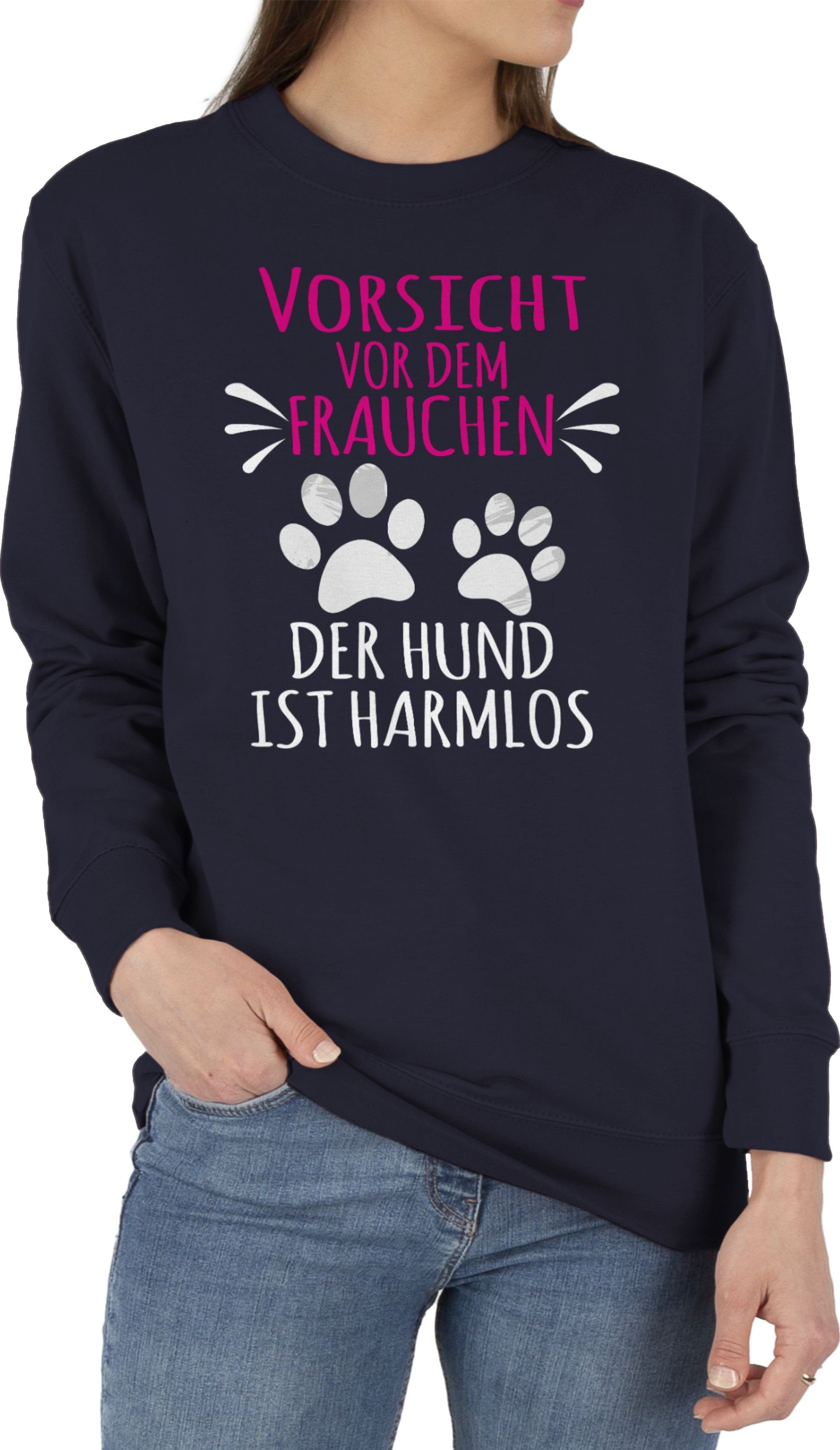 Frauchen (1-tlg) dem - für 1 vor Dunkelblau Vorsicht Geschenk weiß Pfotenabdrücke - Shirtracer Sweatshirt Hundebesitzer