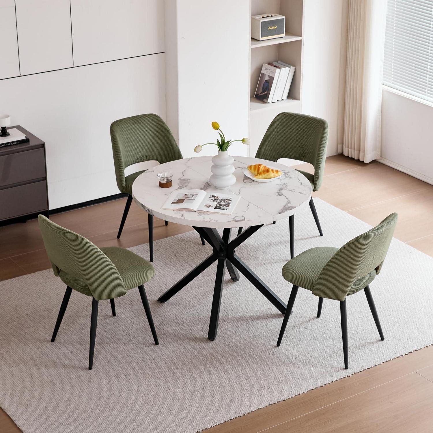 LuxusKollektion Esstisch Esstisch Stuhlset 100cm MDF 4er Cord Stühle Marmormuster-bk Grün (1-St)