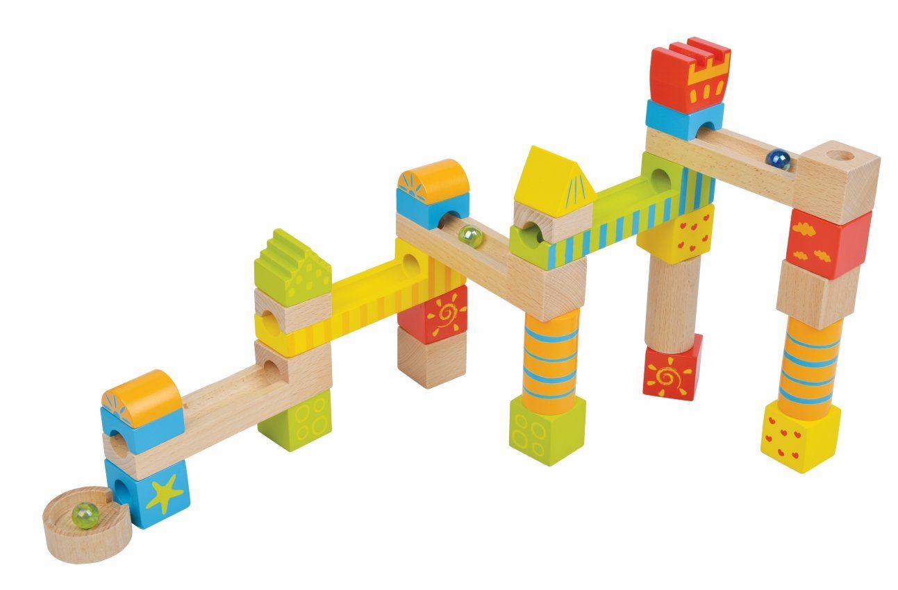 Lelin Lernspielzeug Holz - Set Kugelbahn (Rollbahn / Murmelbahn) und 100 Holzbausteine, Set aus Murmelbahn und Holzbausteinen