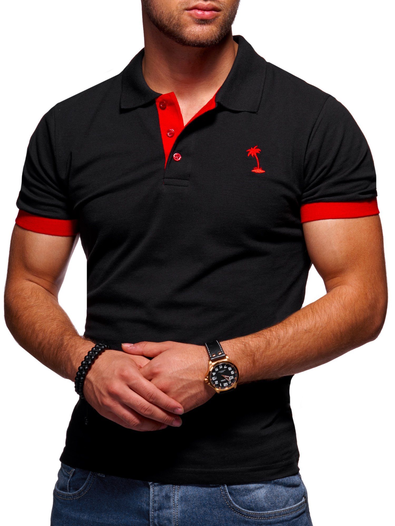 Style-Division Poloshirt Schwarz-Rot Basic SDLOSANG Polo-Hemd