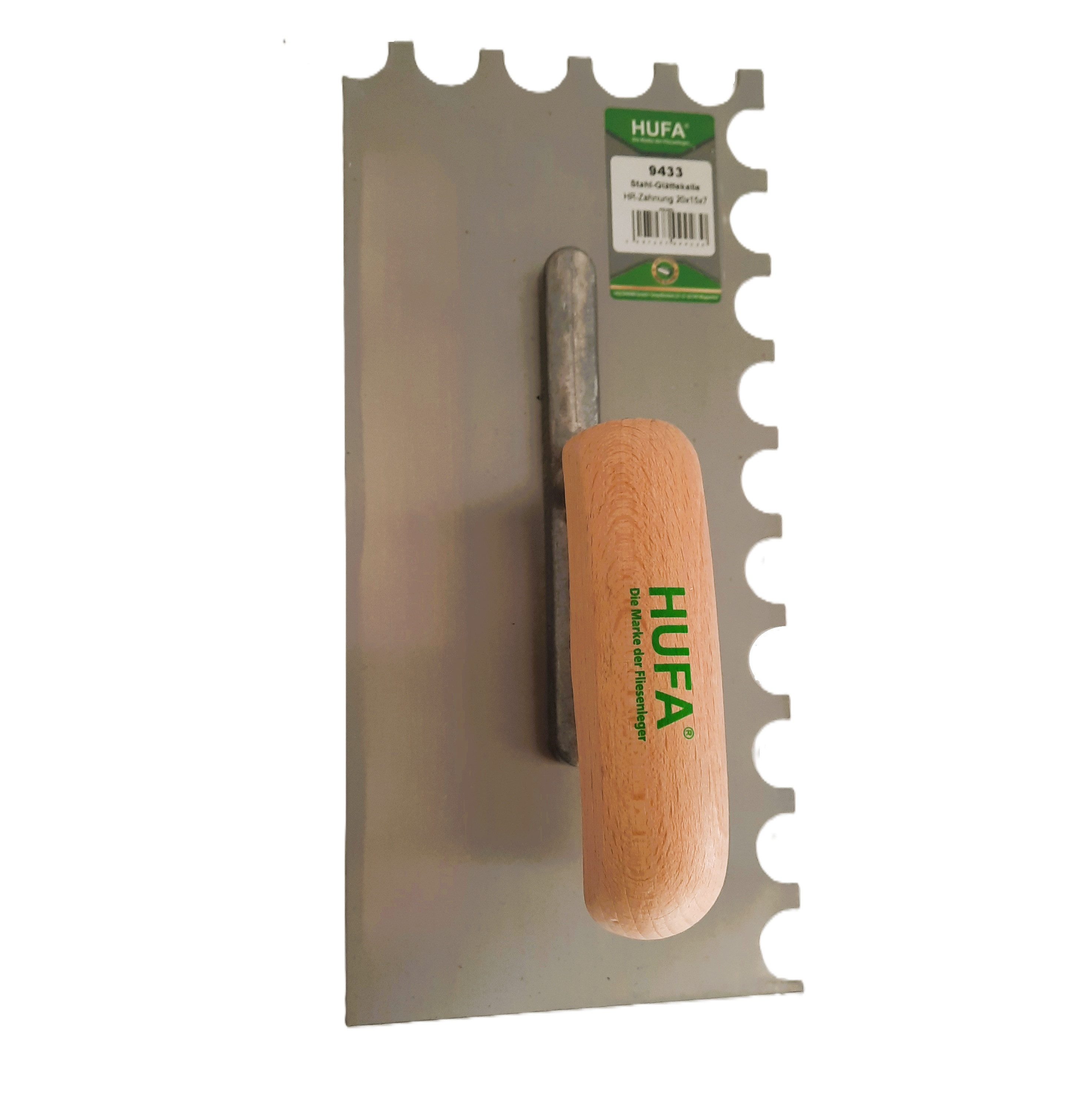 Hufa Zahnkelle Hufa Glättkelle Stahl Holzgriff 280mm x 130mm 20x15mm halbrund gezahnt