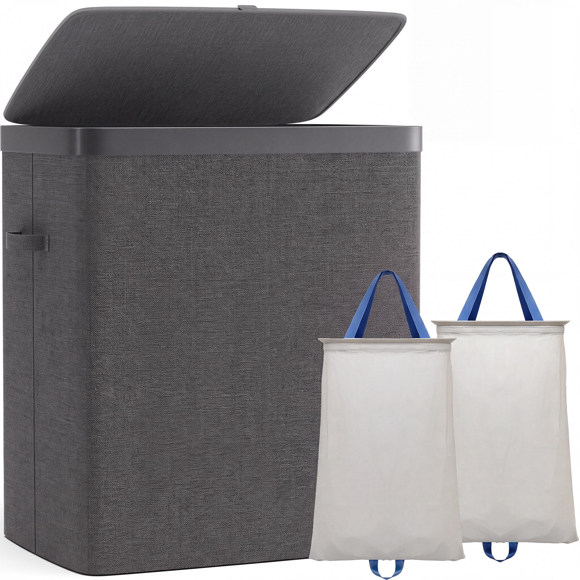 Hausright Wäschekorb 100L mit Deckel, 2 Fächer, herausnehmbare Wäschesäcke, faltbar, 56 × 40 × 67 cm, Farbtrennung, Tragegriffe, einfache Montage