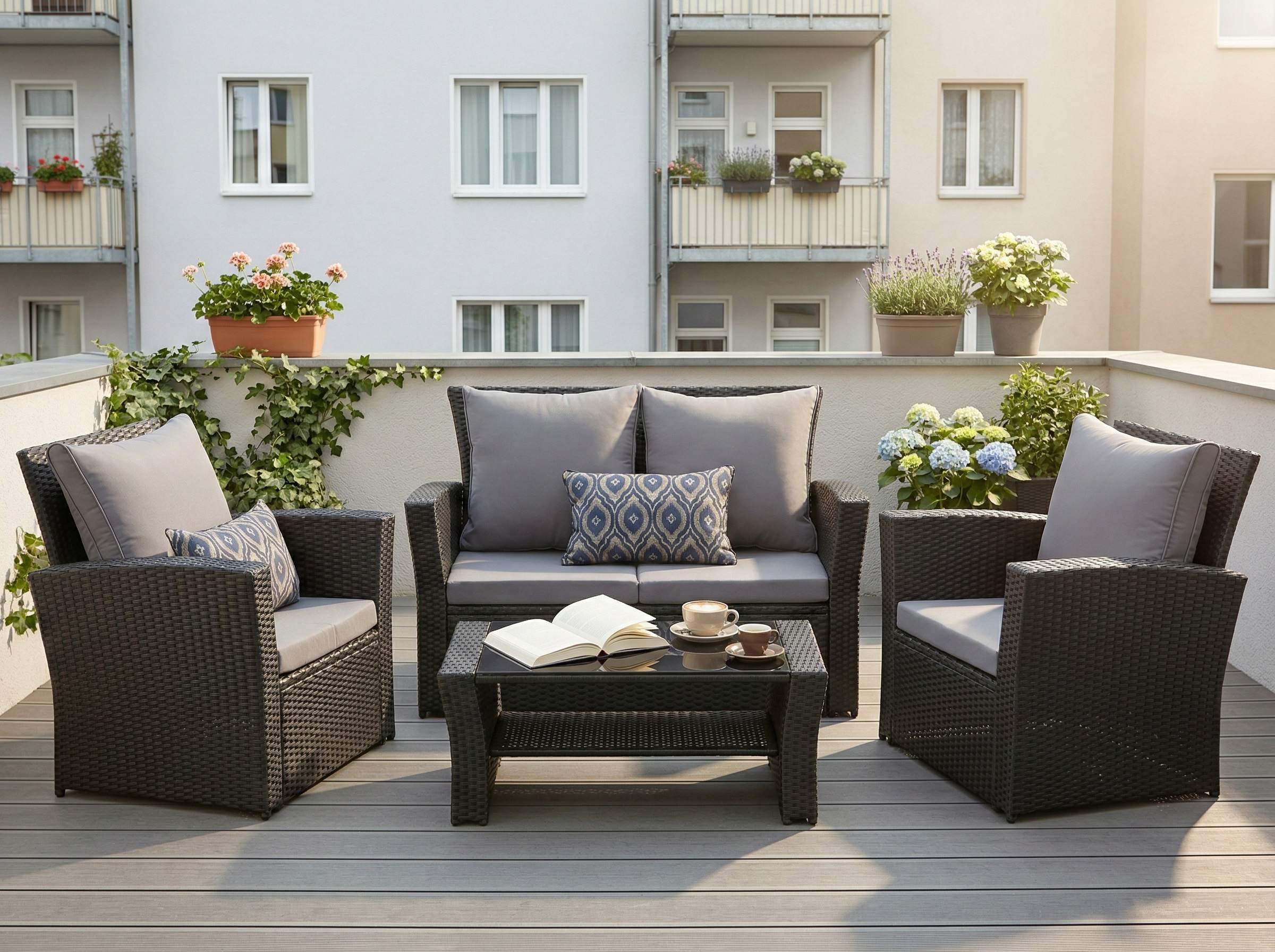 MeXo Gartenlounge-Set Poly-Rattan Gartenmöbel Set, (Balkonmöbel für kleinen Balkon, 4-tlg., 2-Sitzer Sofa, 2 Sessel & Tisch mit Stauraum), wetterfest & handgeflochten